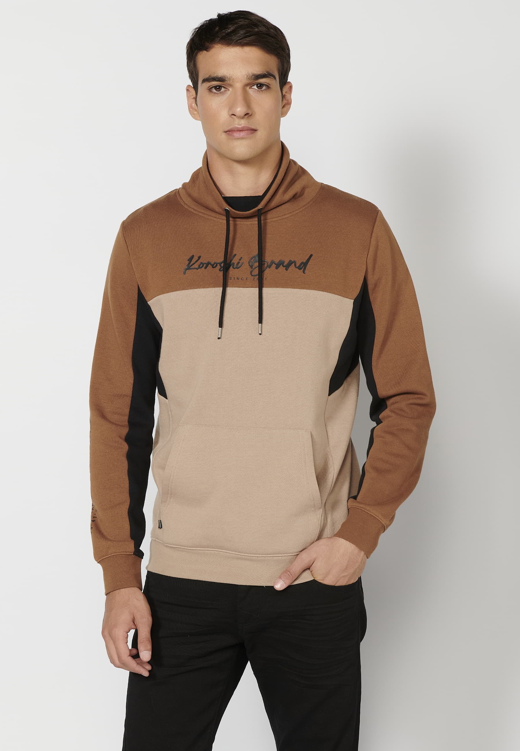 Men's Brown Long-Sleeved Sweatshirt with Drawstring Adjustable High Neck and Front Pocket 7