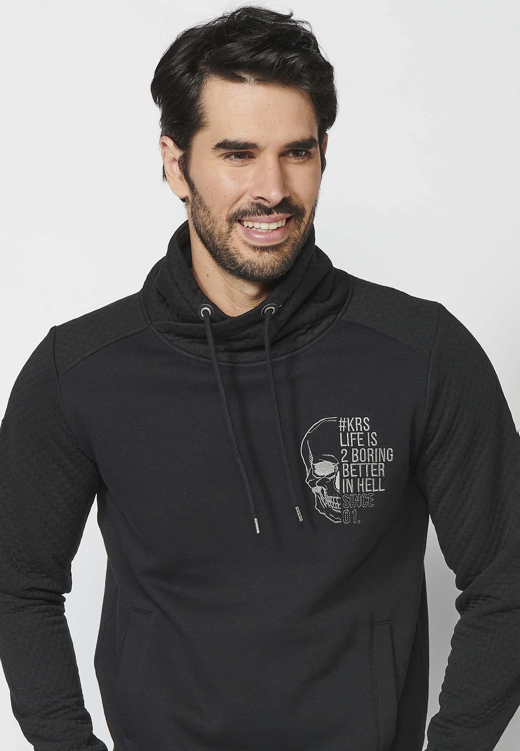 Sweat Homme Noir Col Montant Poche Avant Ajustable Manches Longues