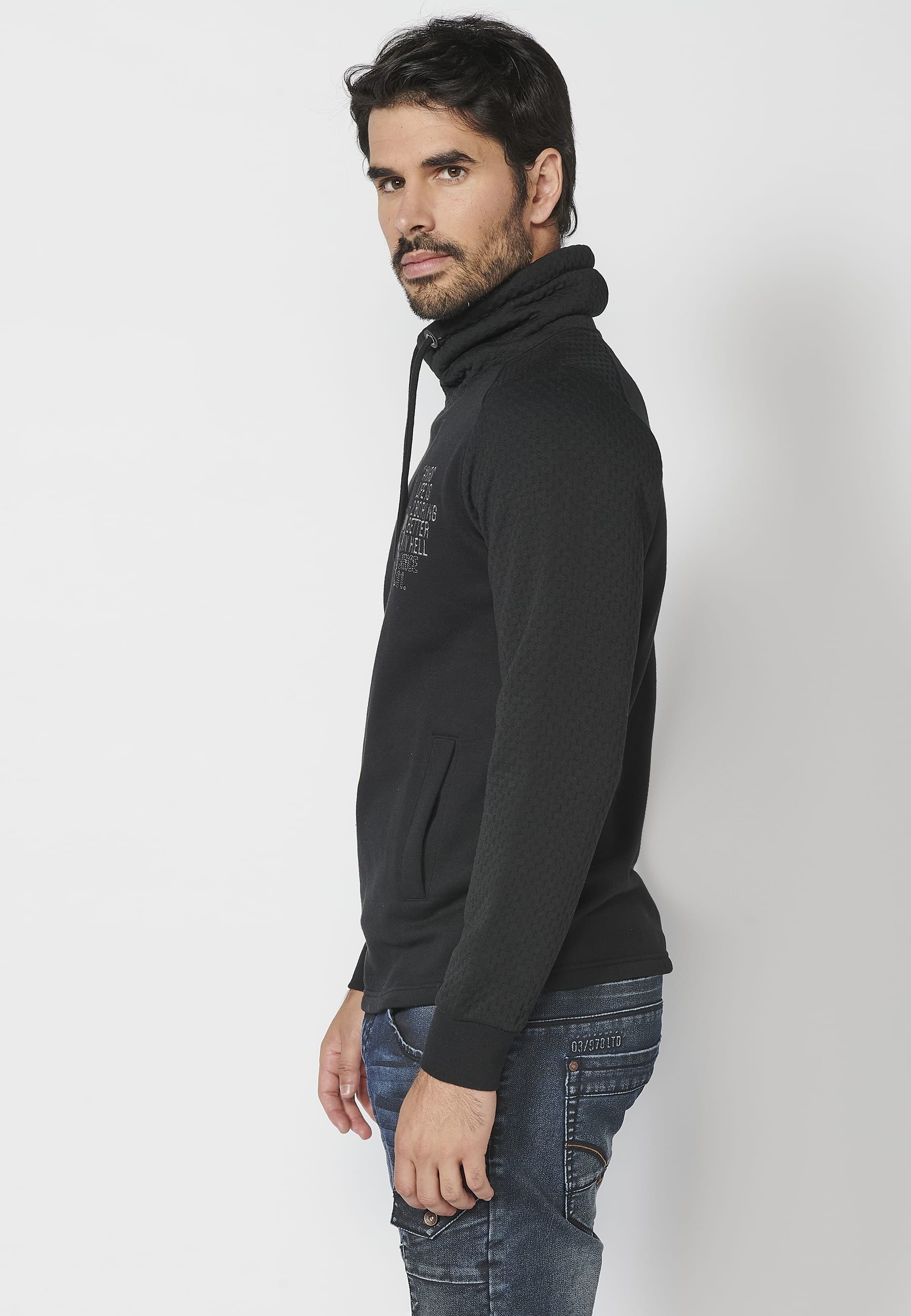 Sweat Homme Noir Col Montant Poche Avant Ajustable Manches Longues