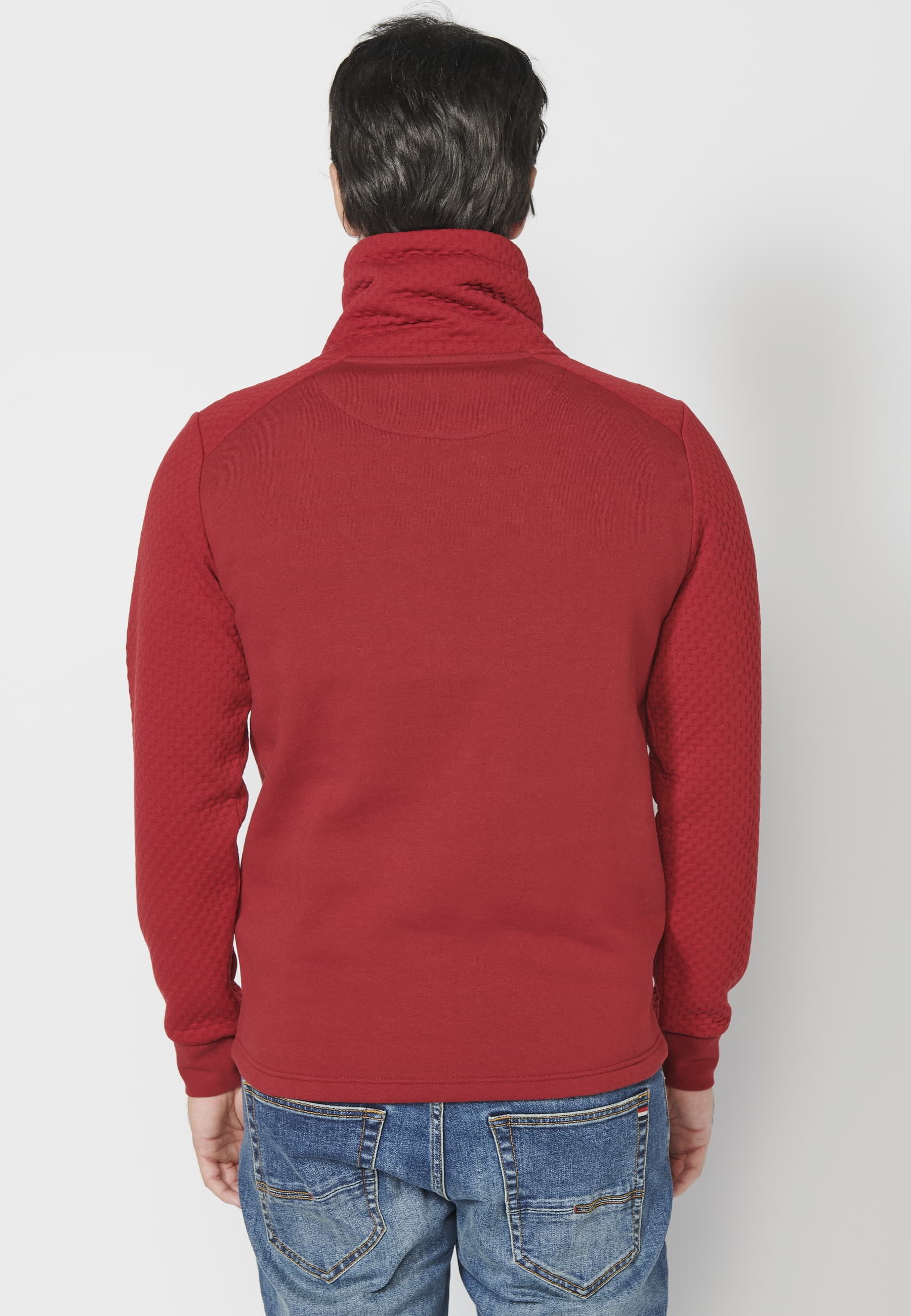 Sweatshirt Homme Rouge Manches Longues Col Montant Ajustable Poche Avant