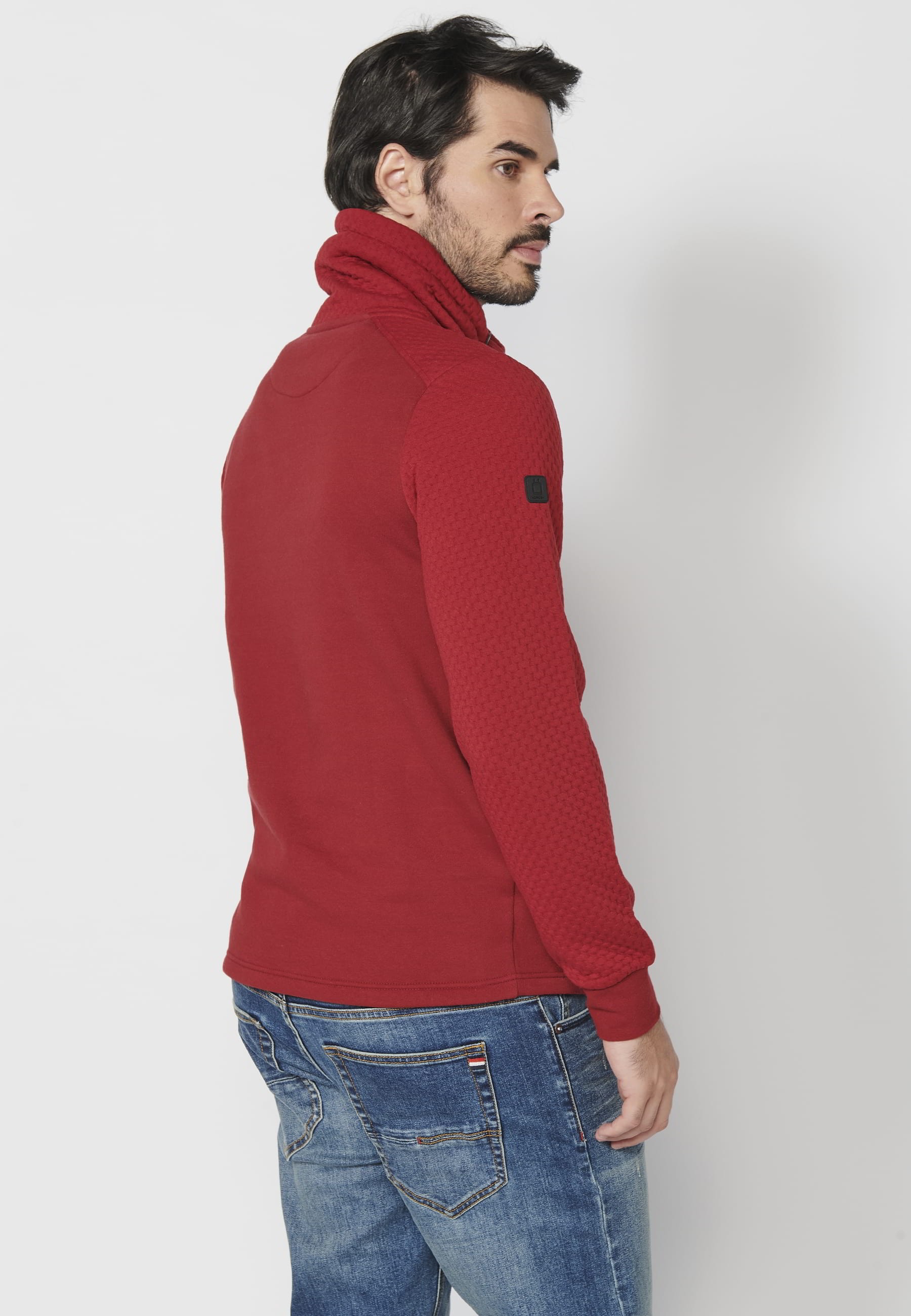 Sweatshirt Homme Rouge Manches Longues Col Montant Ajustable Poche Avant