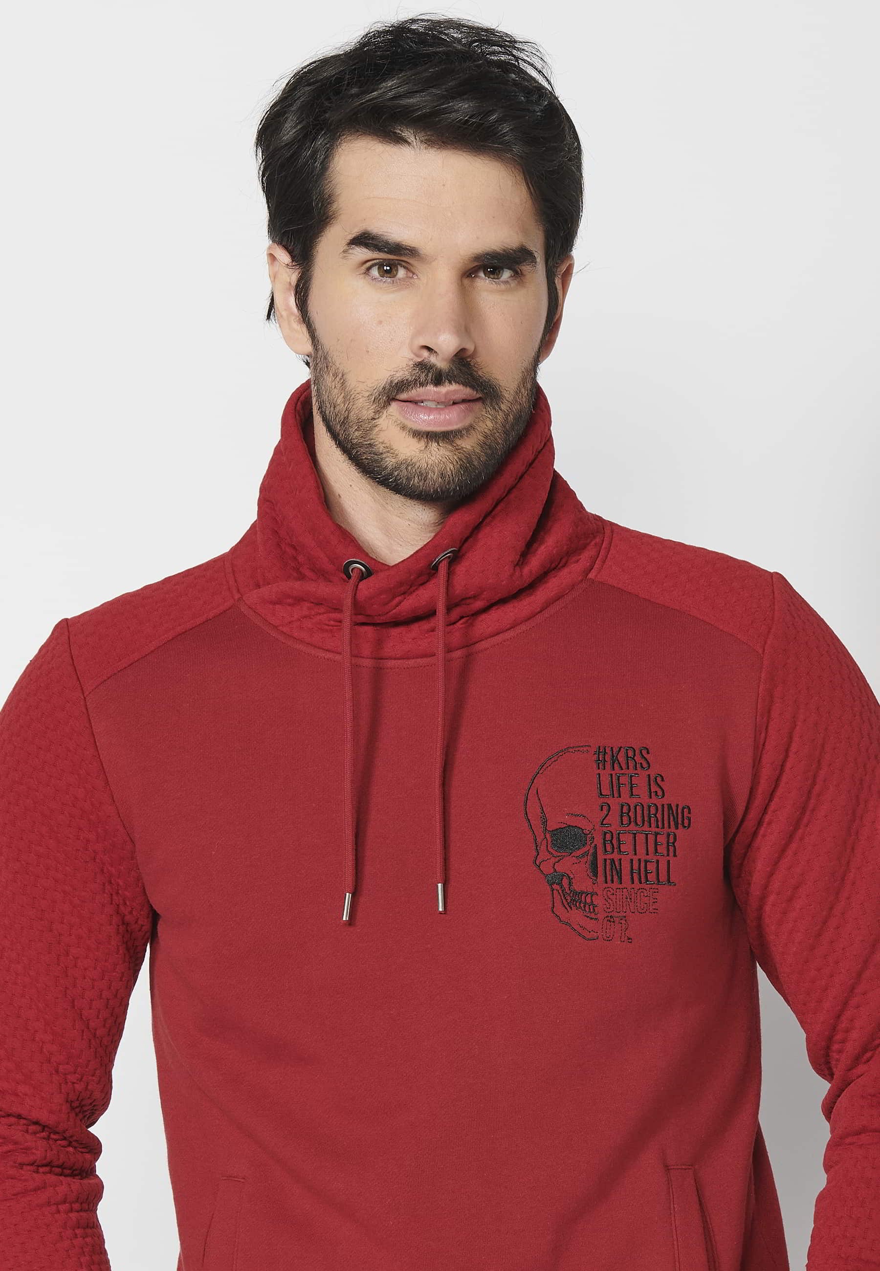 Sweatshirt Homme Rouge Manches Longues Col Montant Ajustable Poche Avant