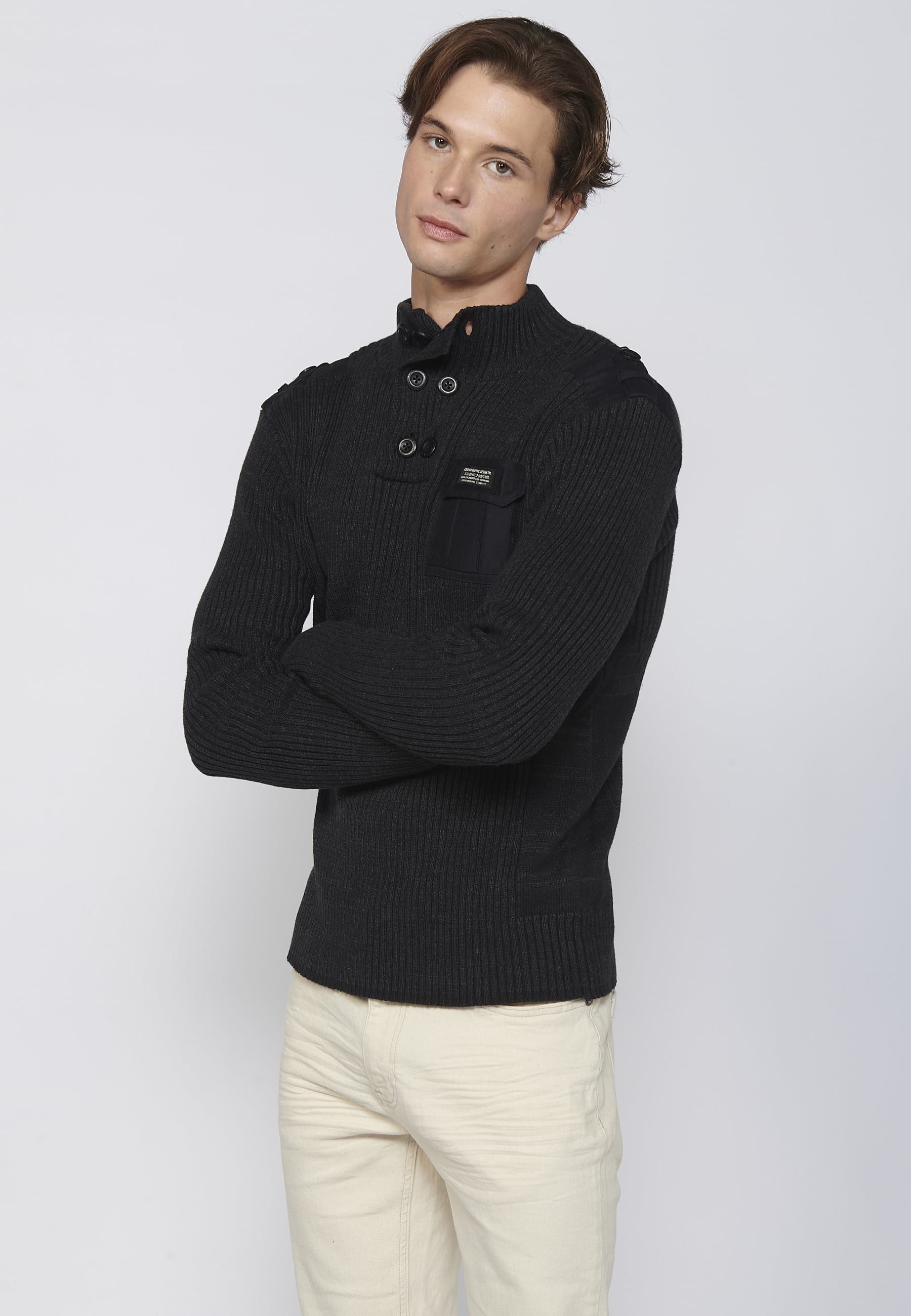 Pull noir col montant en tricot de coton à manches longues pour Homme