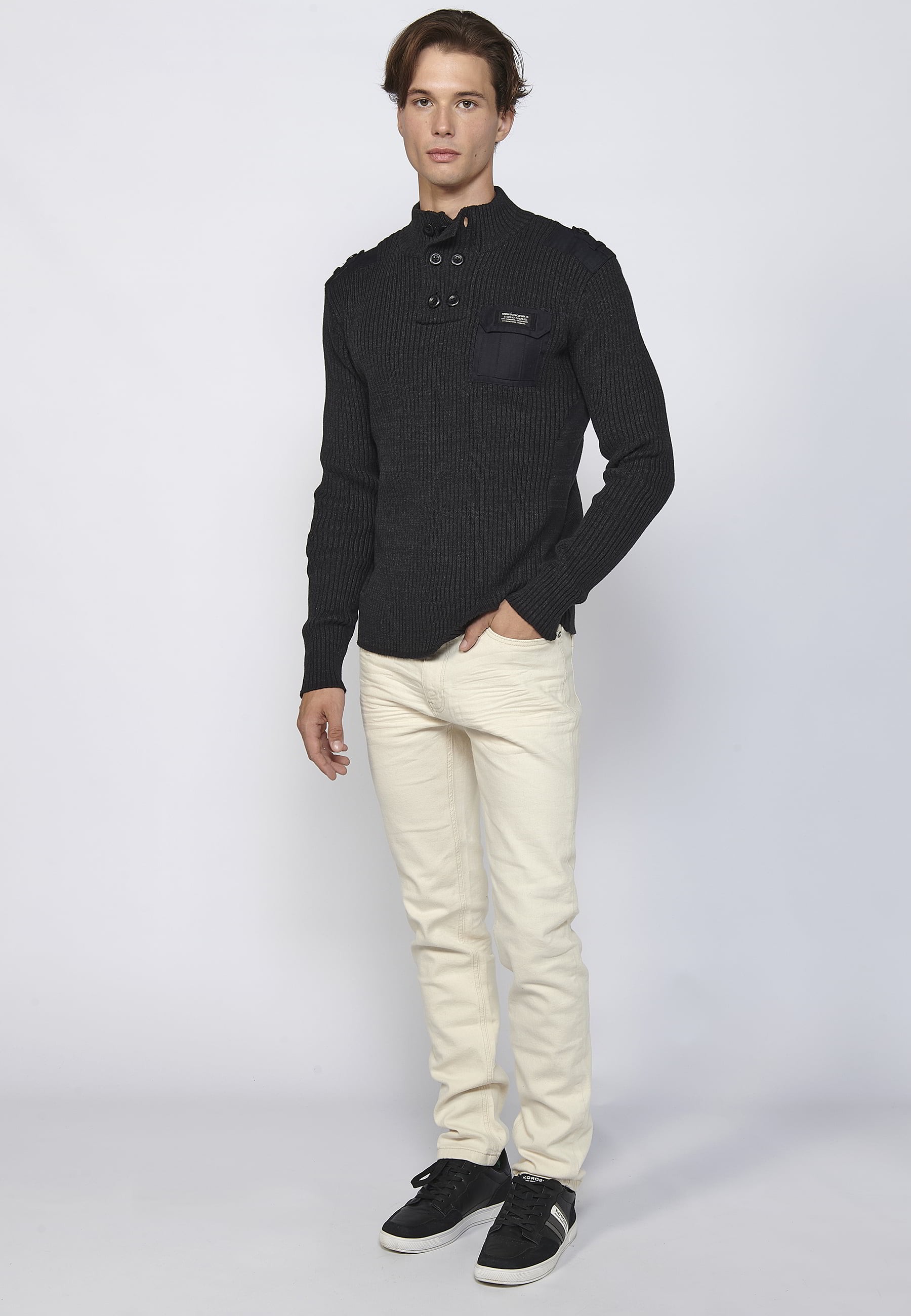 Pull noir col montant en tricot de coton à manches longues pour Homme