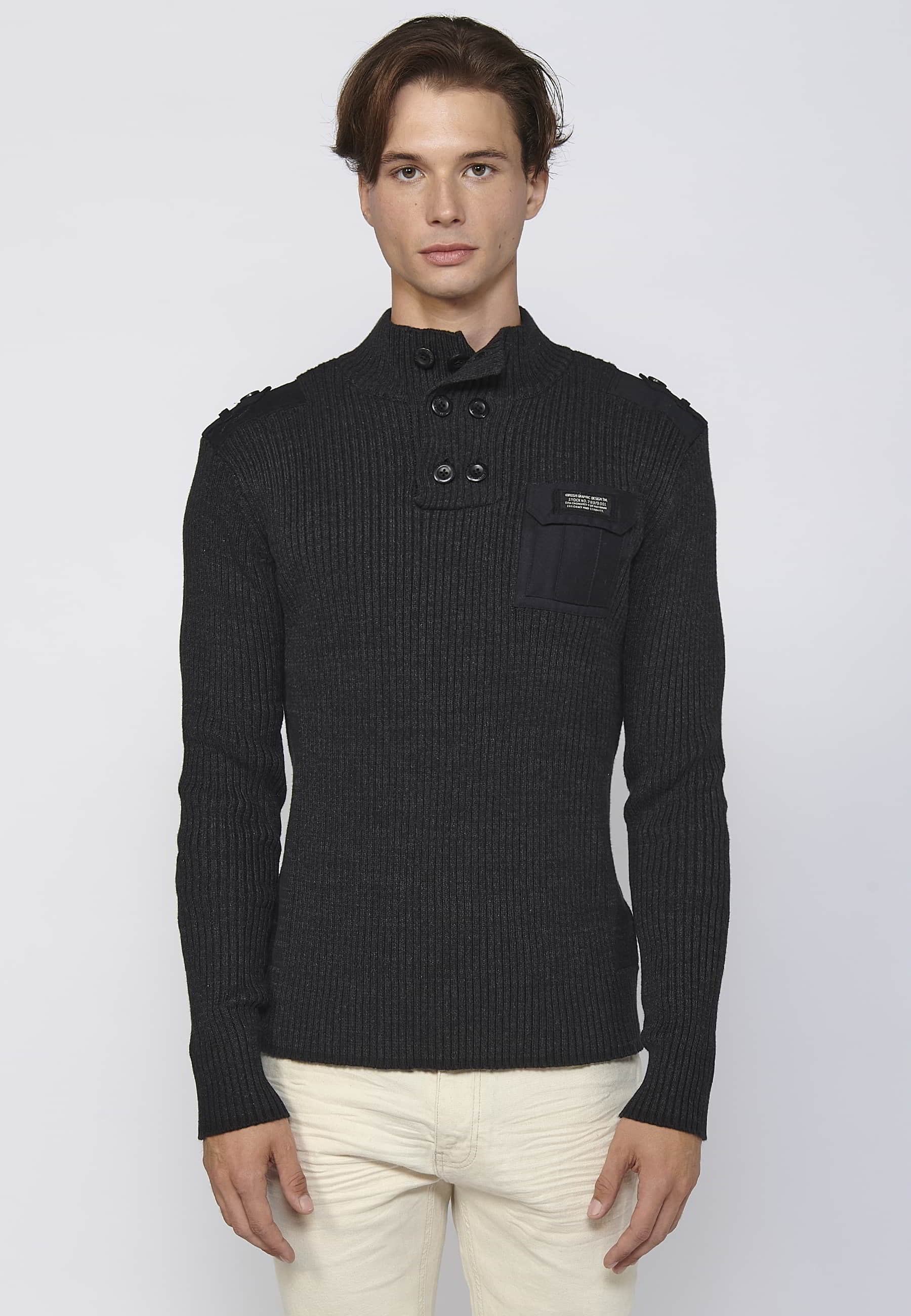 Pull noir col montant en tricot de coton à manches longues pour Homme