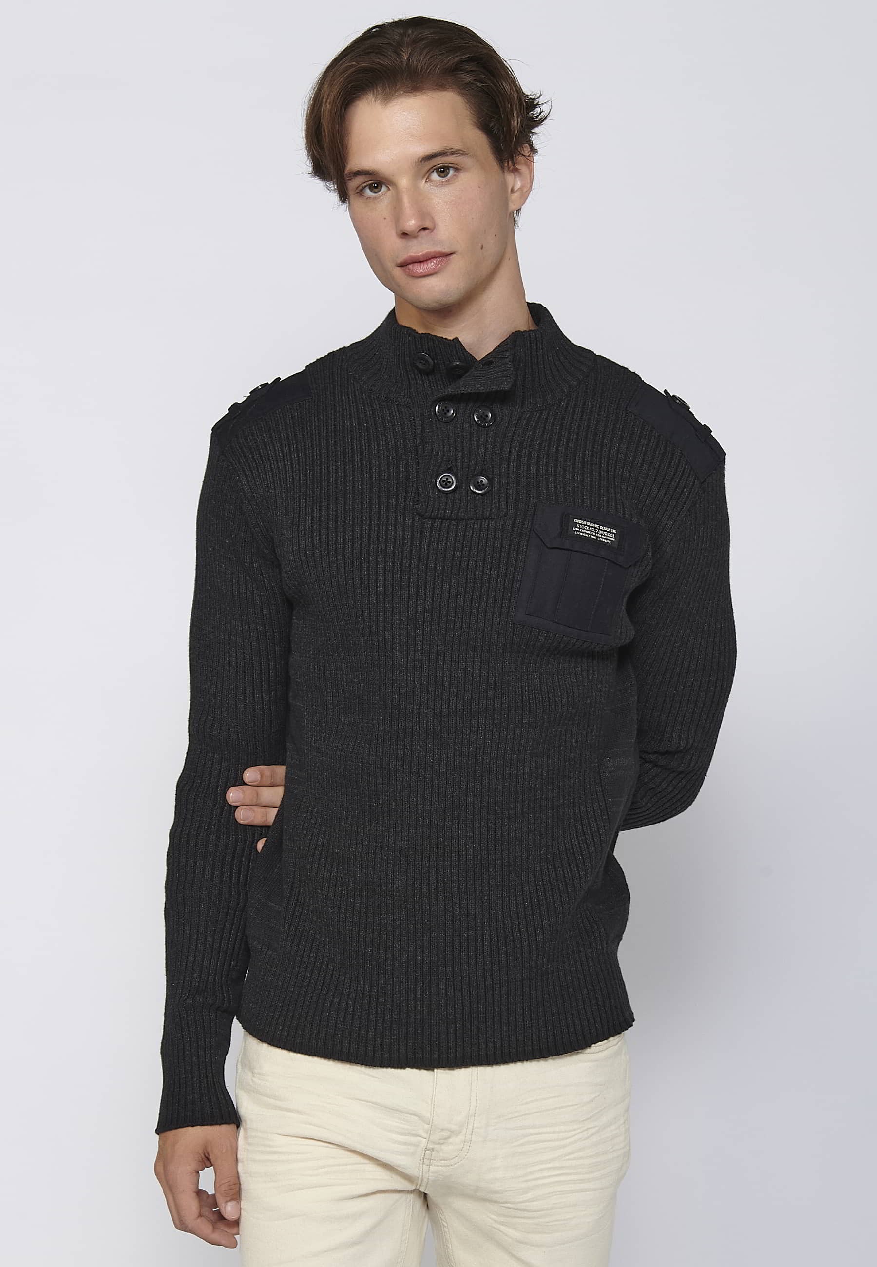 Pull noir col montant en tricot de coton à manches longues pour Homme