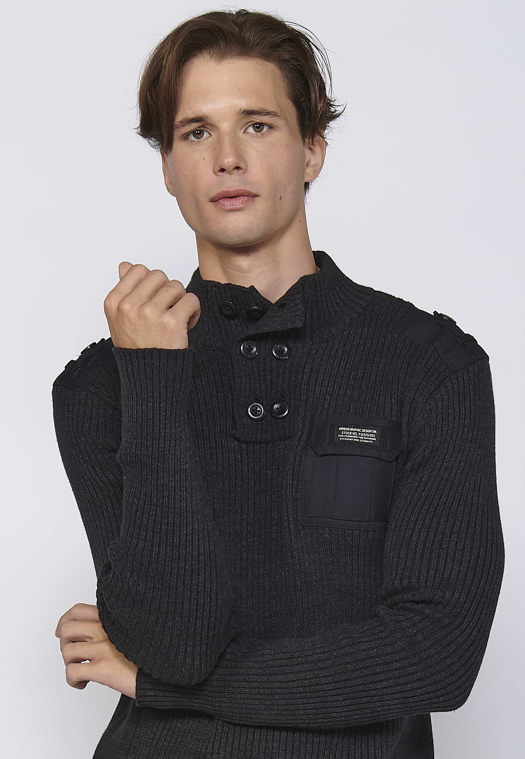 Pull noir col montant en tricot de coton à manches longues pour Homme