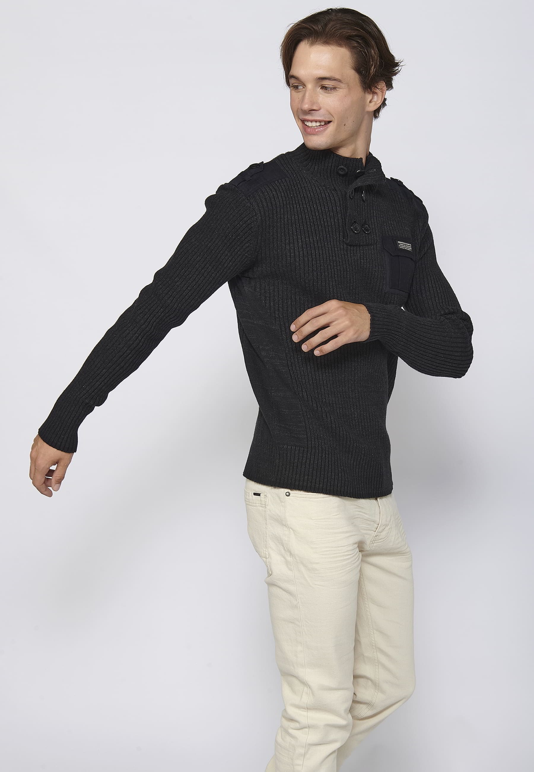 Pull noir col montant en tricot de coton à manches longues pour Homme