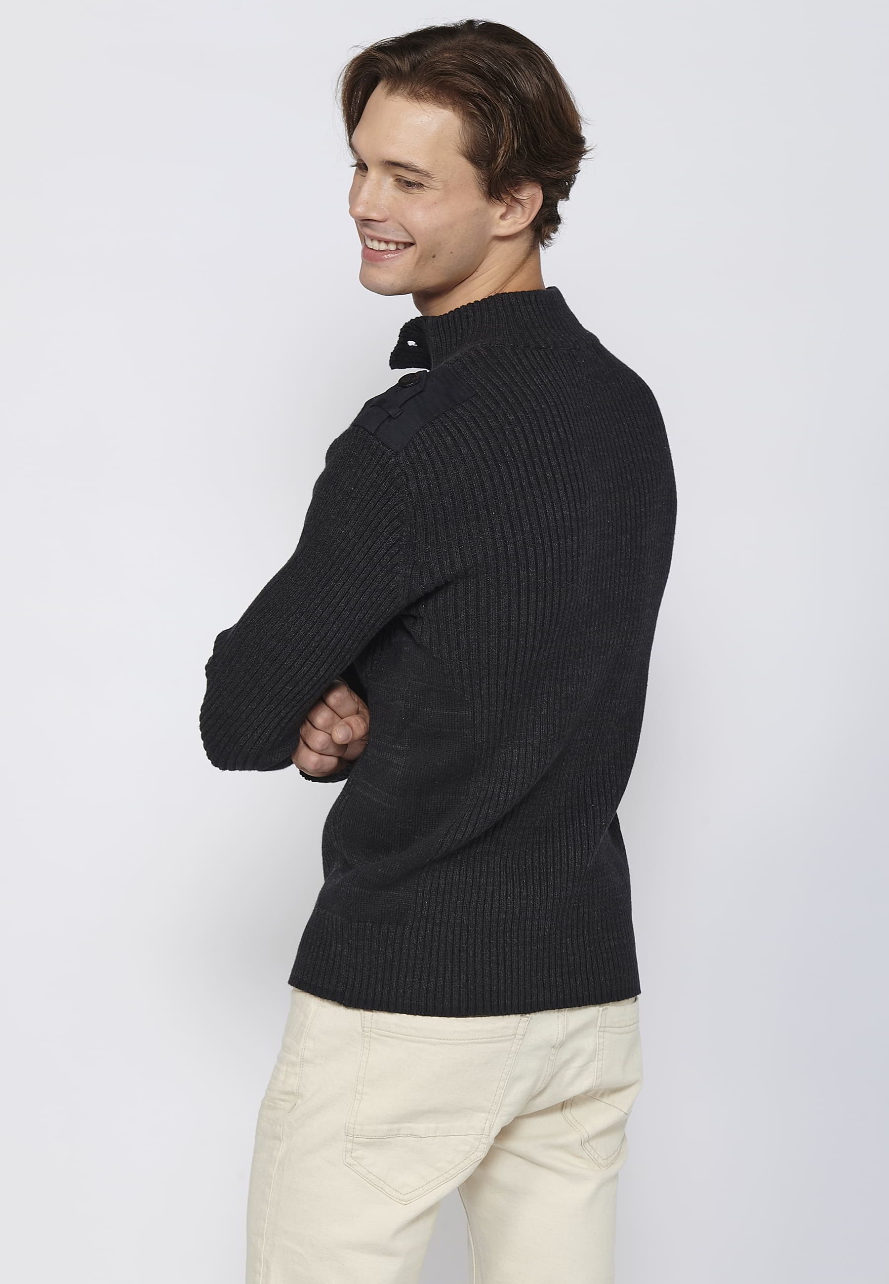 Pull noir col montant en tricot de coton à manches longues pour Homme