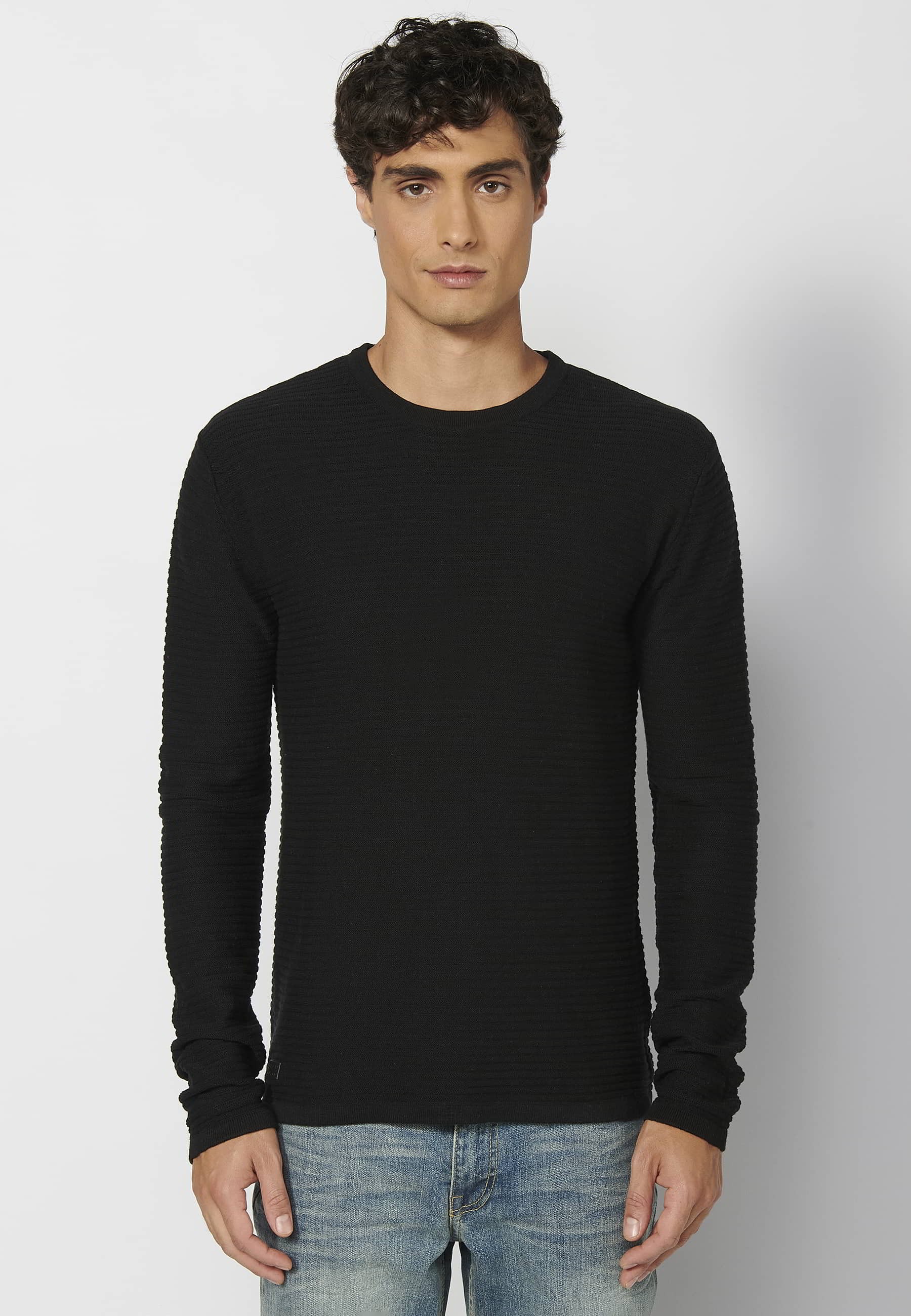 Black Long Sleeve Round Neck Cotton Tricot Sweater for Men