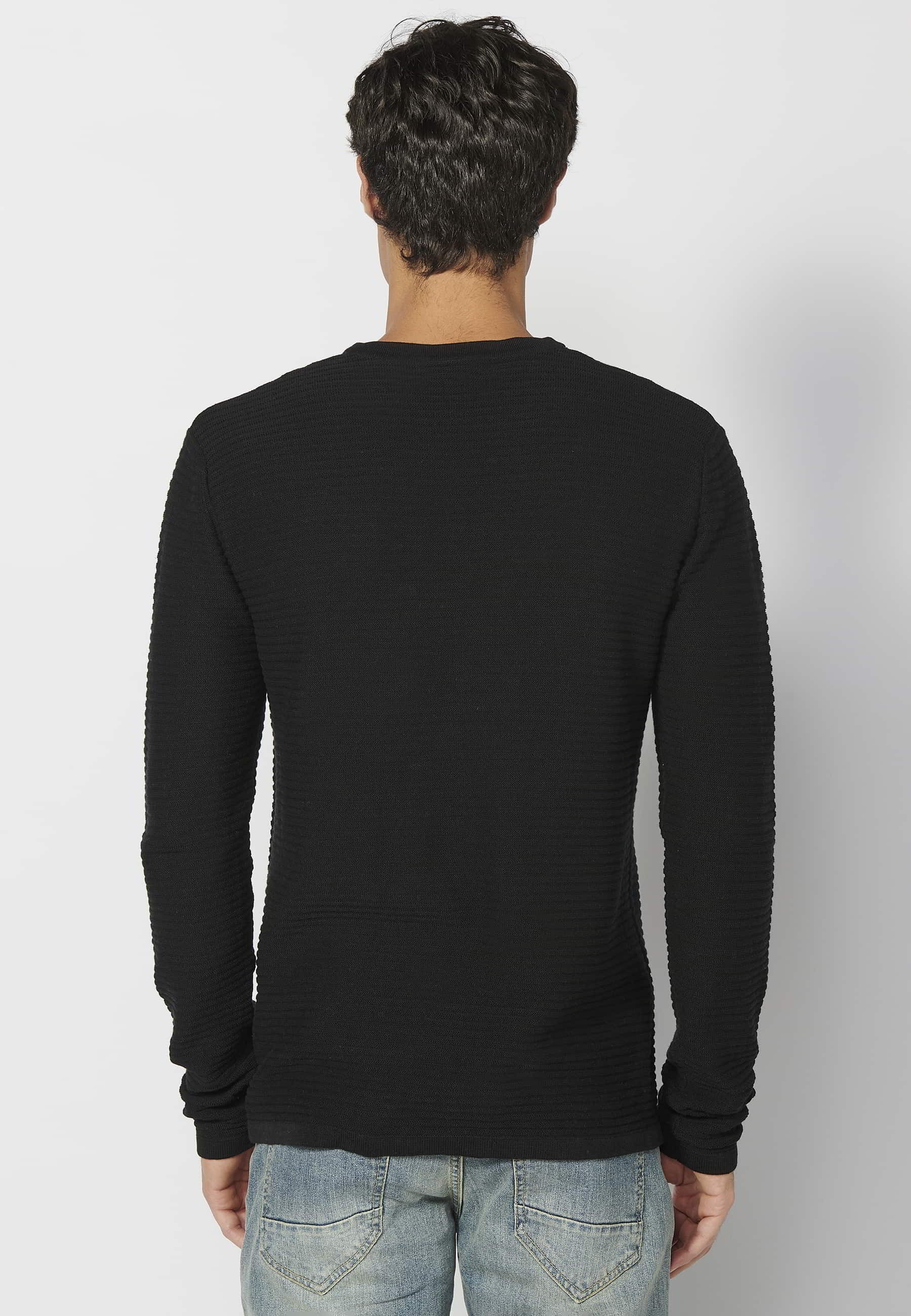 Black Long Sleeve Round Neck Cotton Tricot Sweater for Men