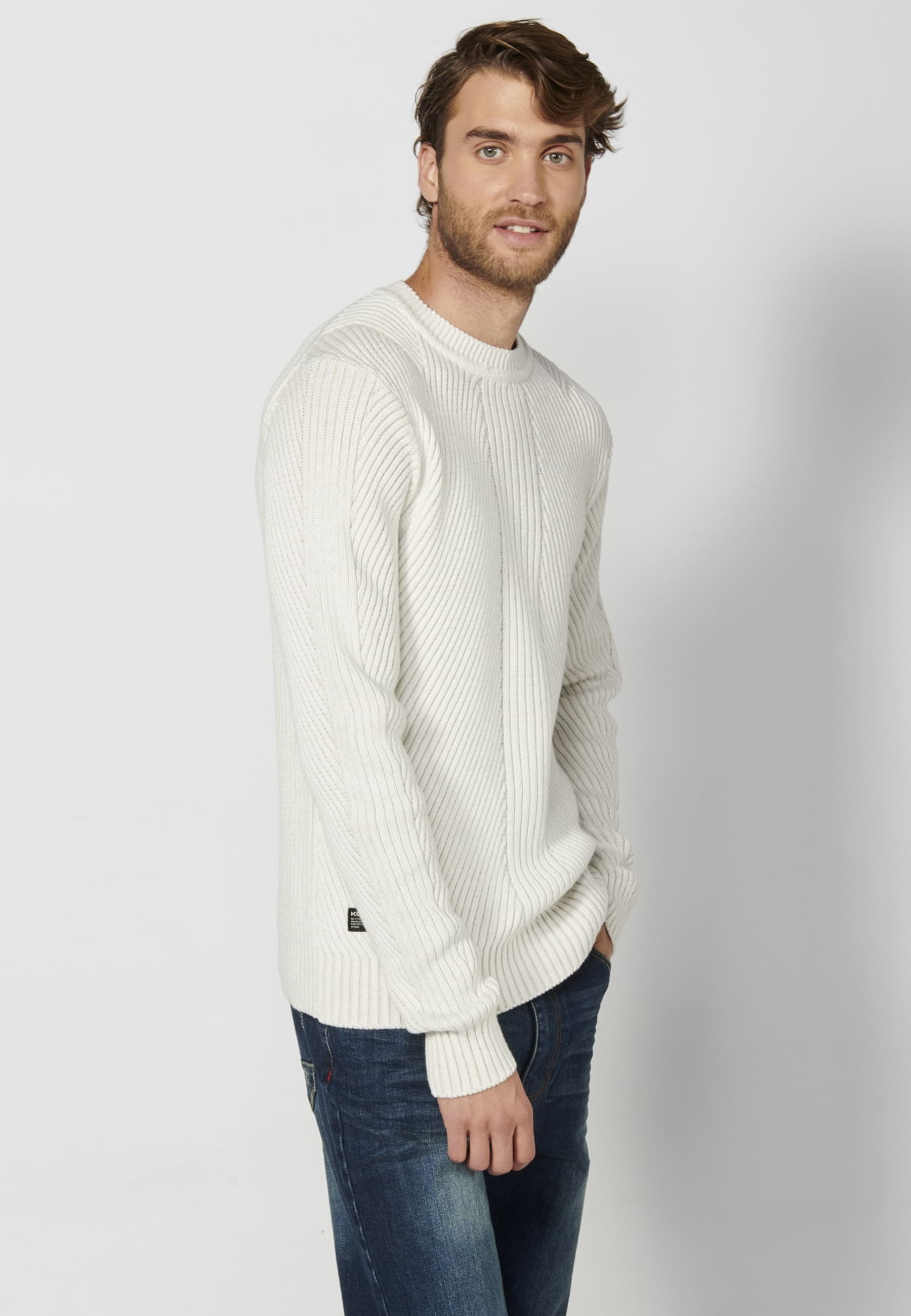 Pull tricoté homme écru col rond manches longues