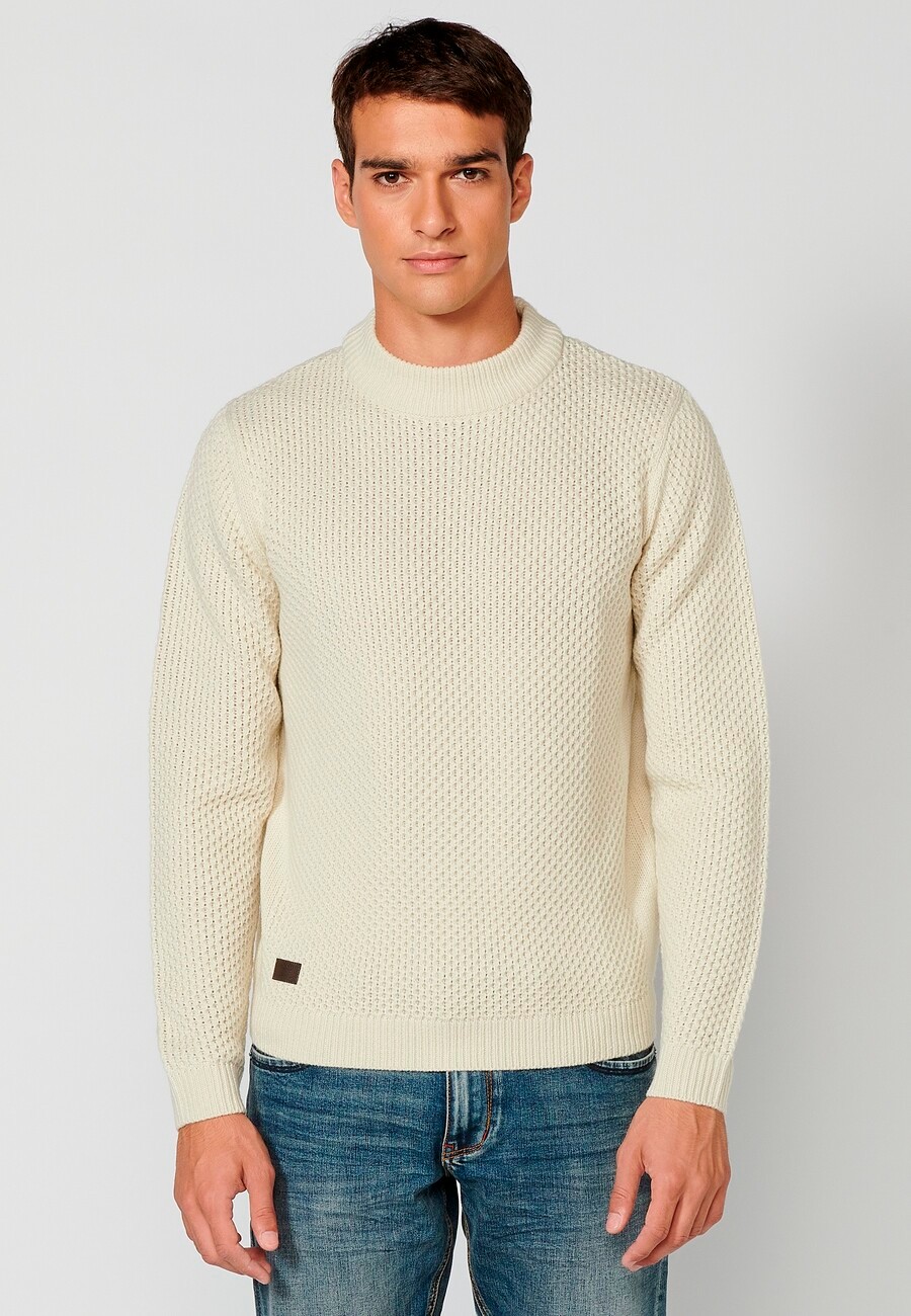 Jersey de manga larga acrílico cuello redondo, tricot en relieve color Crema para Hombre