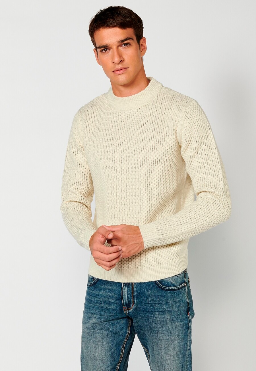 Jersey de manga larga acrílico cuello redondo, tricot en relieve color Crema para Hombre 5