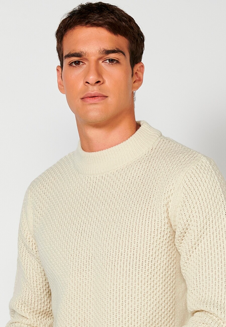 Jersey de manga larga acrílico cuello redondo, tricot en relieve color Crema para Hombre 8