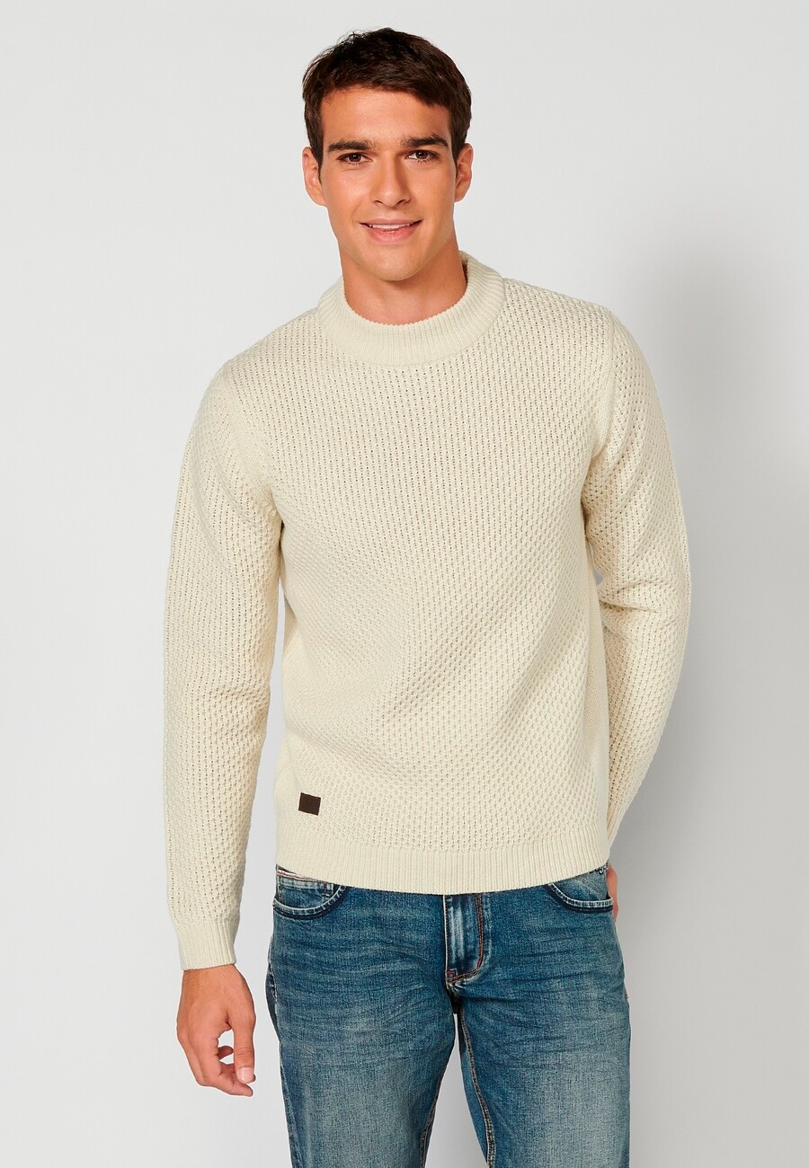 Jersey de manga larga acrílico cuello redondo, tricot en relieve color Crema para Hombre 1