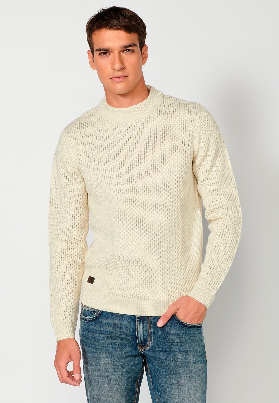 Jersey de manga larga acrílico cuello redondo, tricot en relieve color Crema para Hombre 7