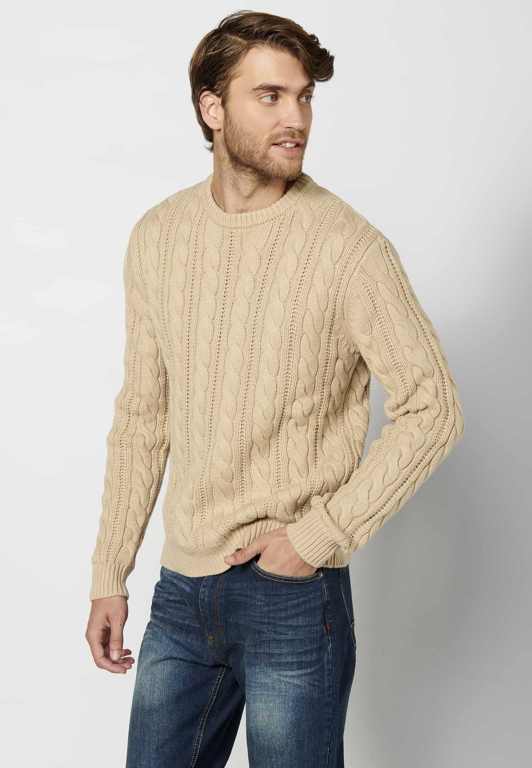 Pull Homme Beige col rond manches longues en maille texturée