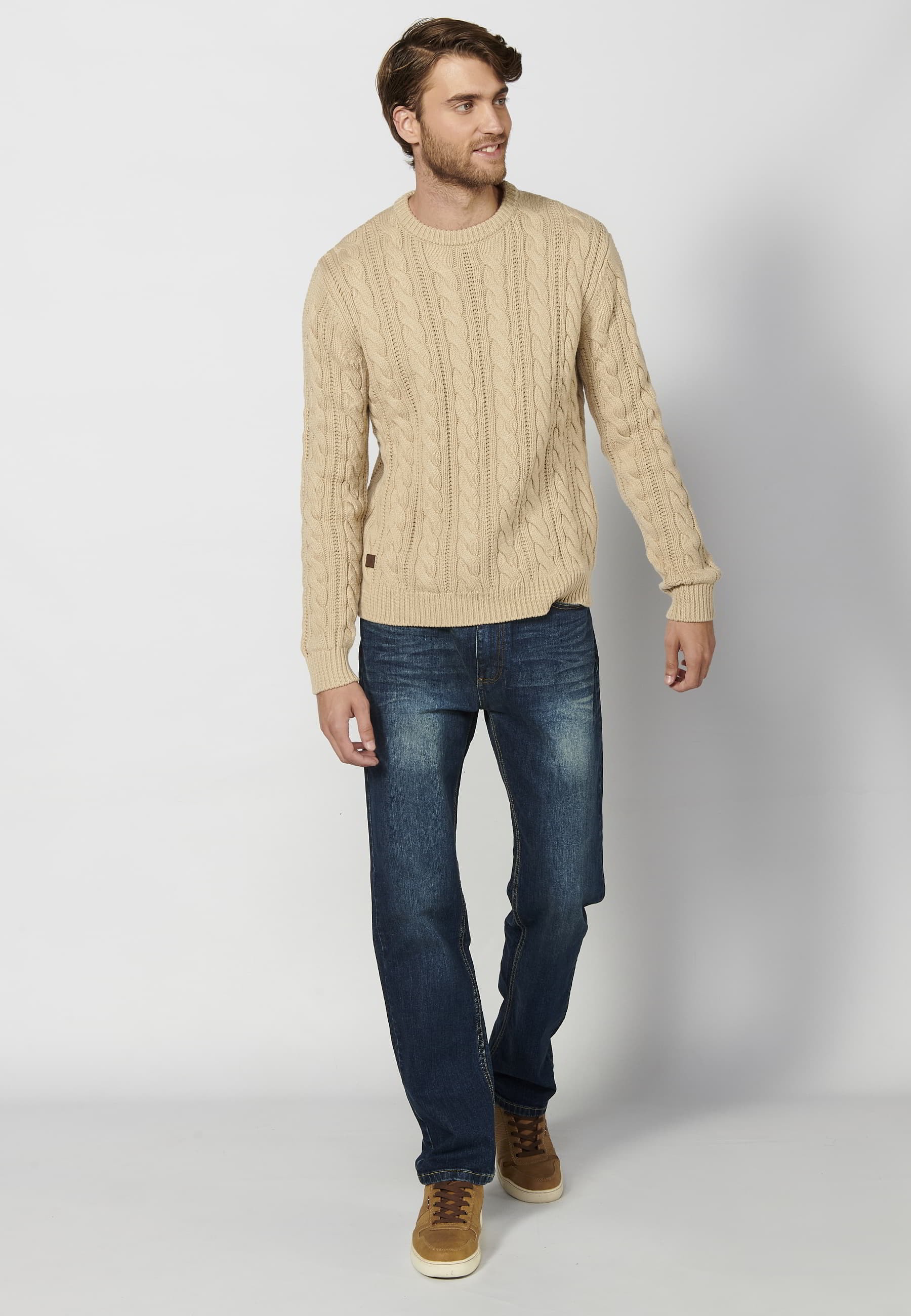 Pull Homme Beige col rond manches longues en maille texturée