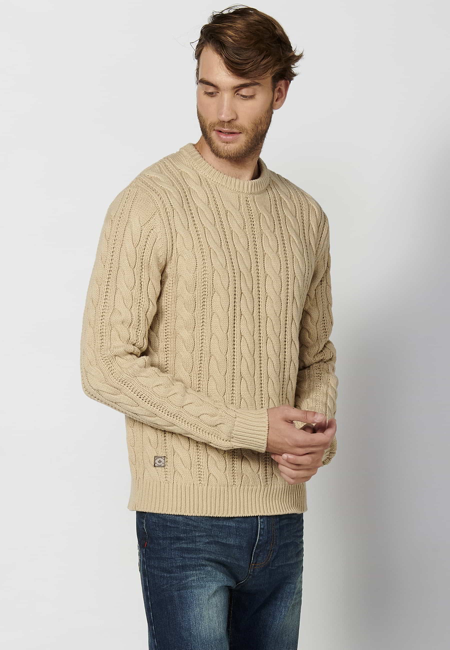 Pull Homme Beige col rond manches longues en maille texturée