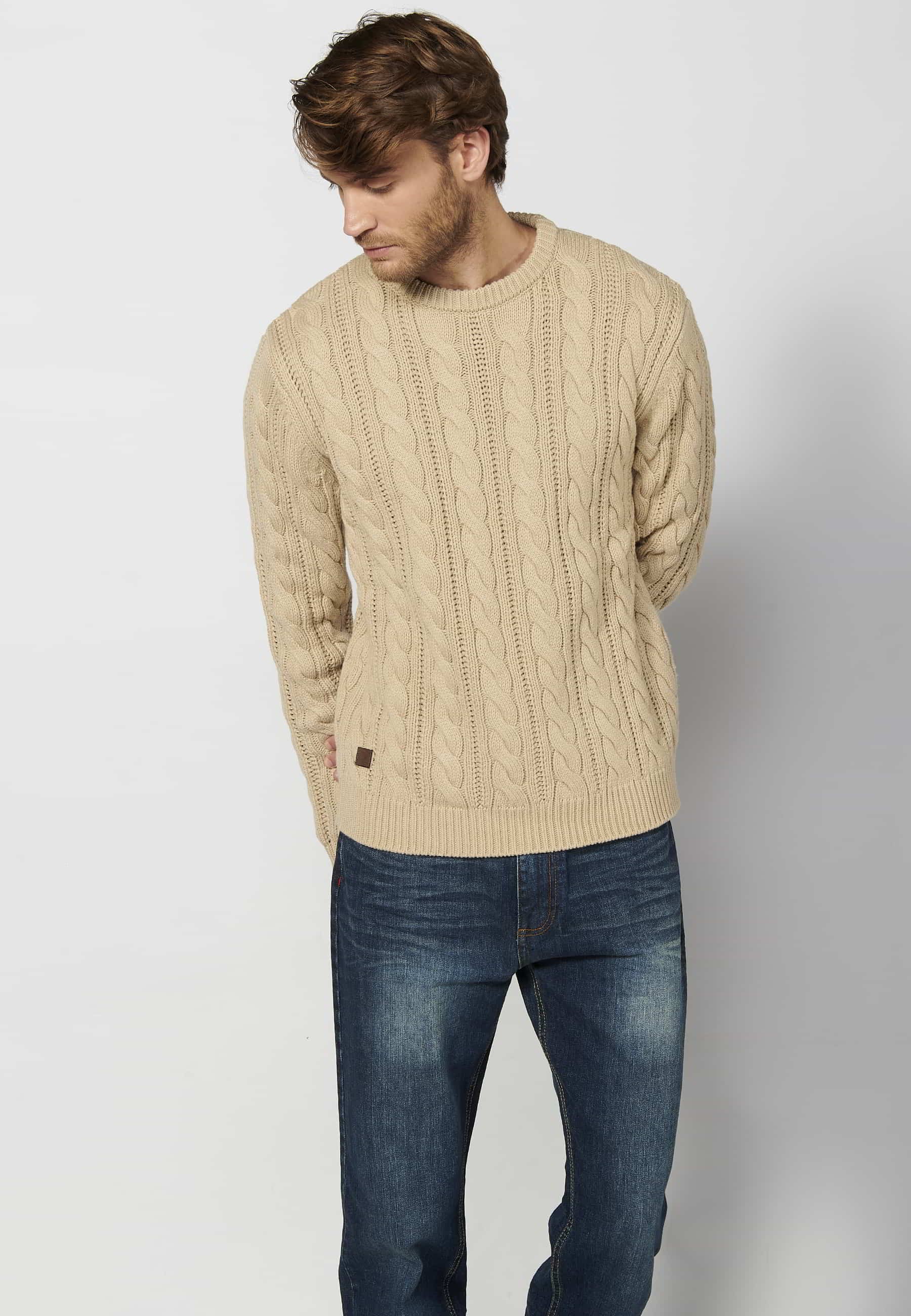 Pull Homme Beige col rond manches longues en maille texturée