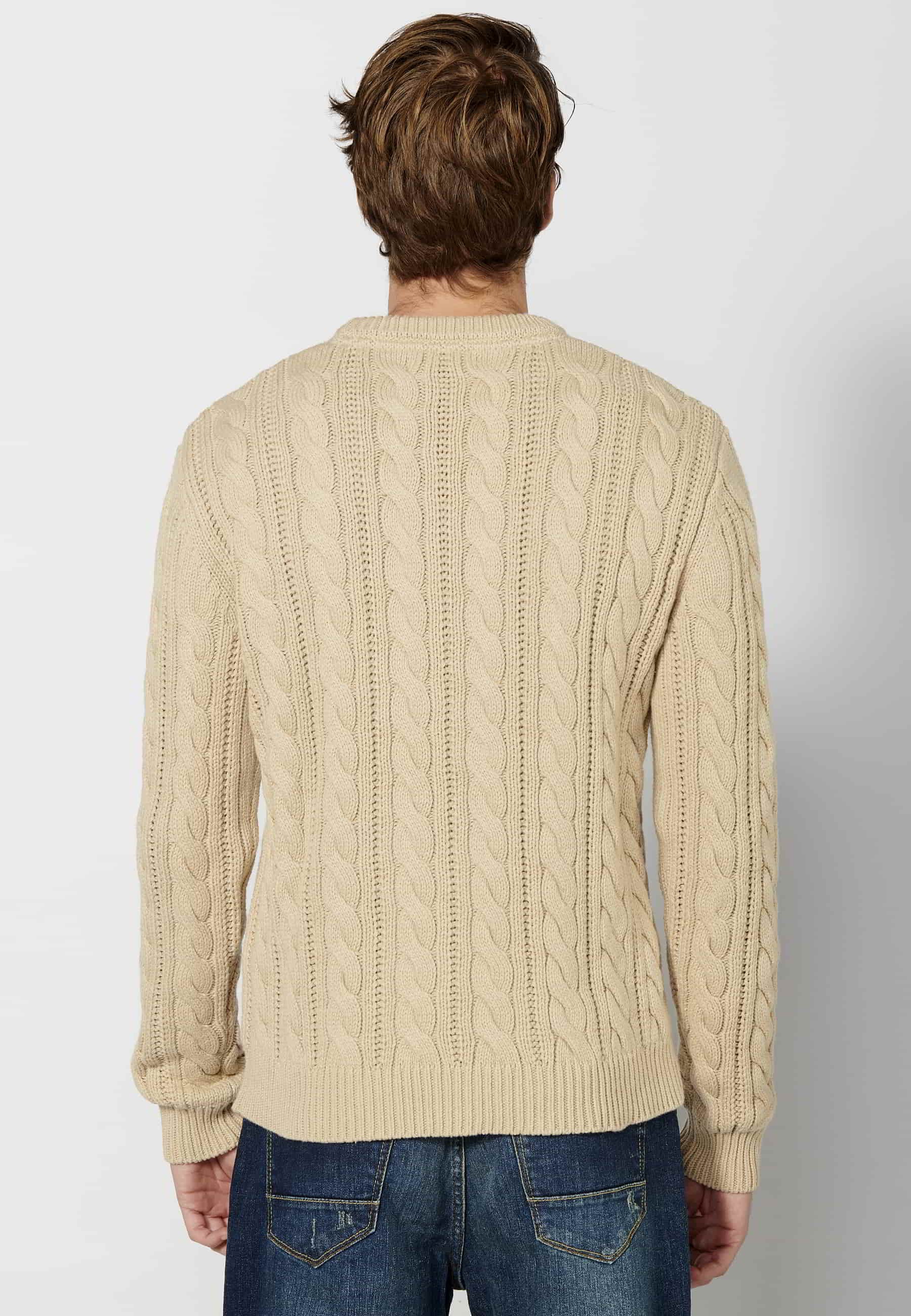 Pull Homme Beige col rond manches longues en maille texturée