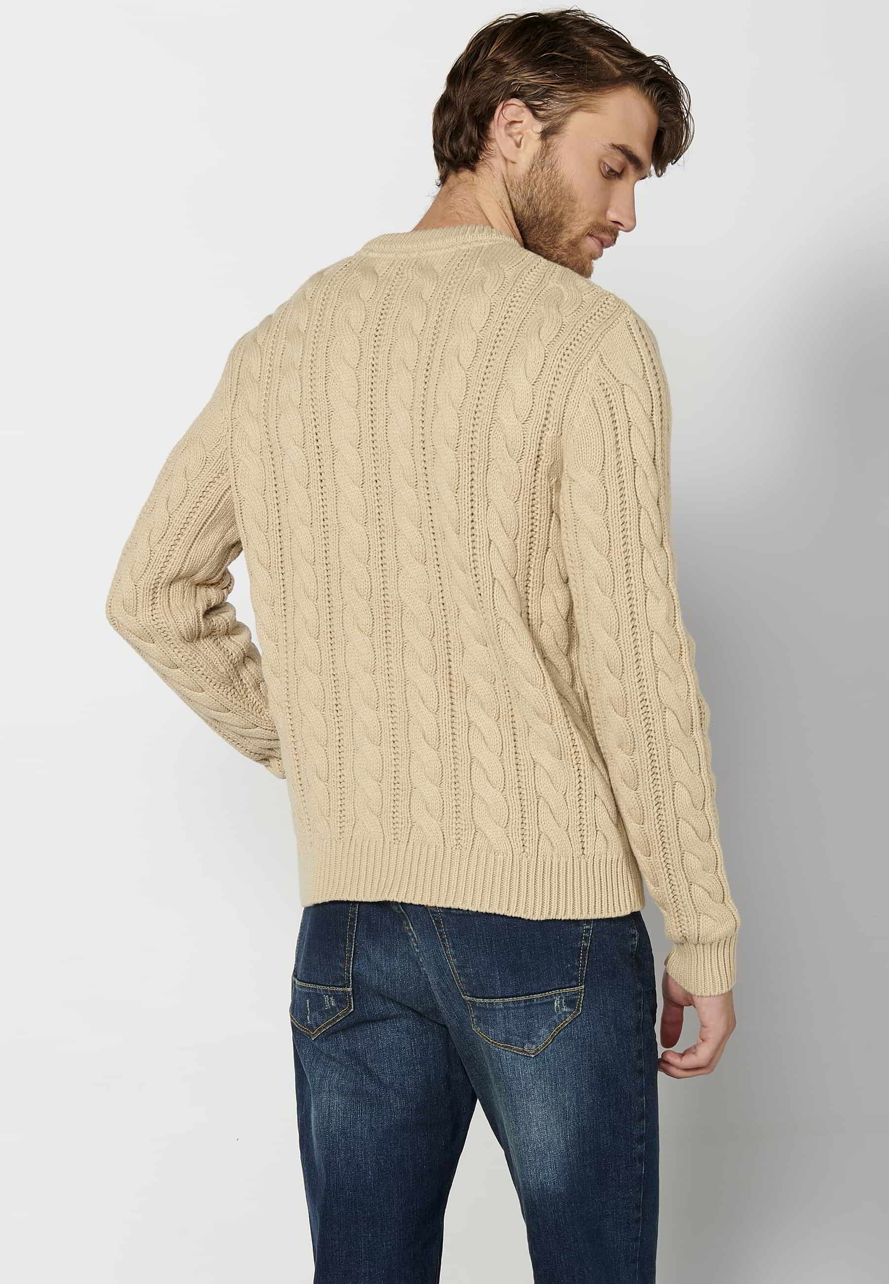 Pull Homme Beige col rond manches longues en maille texturée