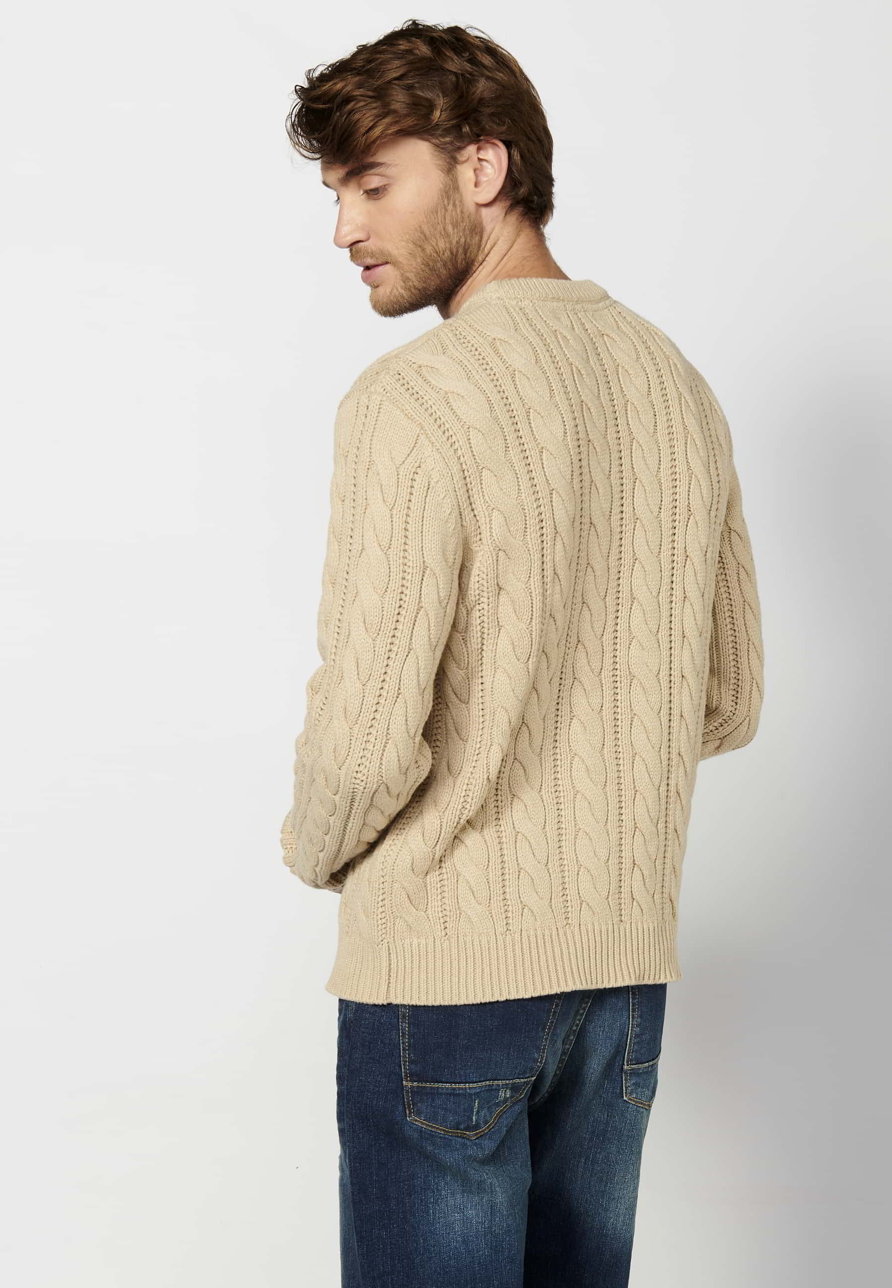 Pull Homme Beige col rond manches longues en maille texturée