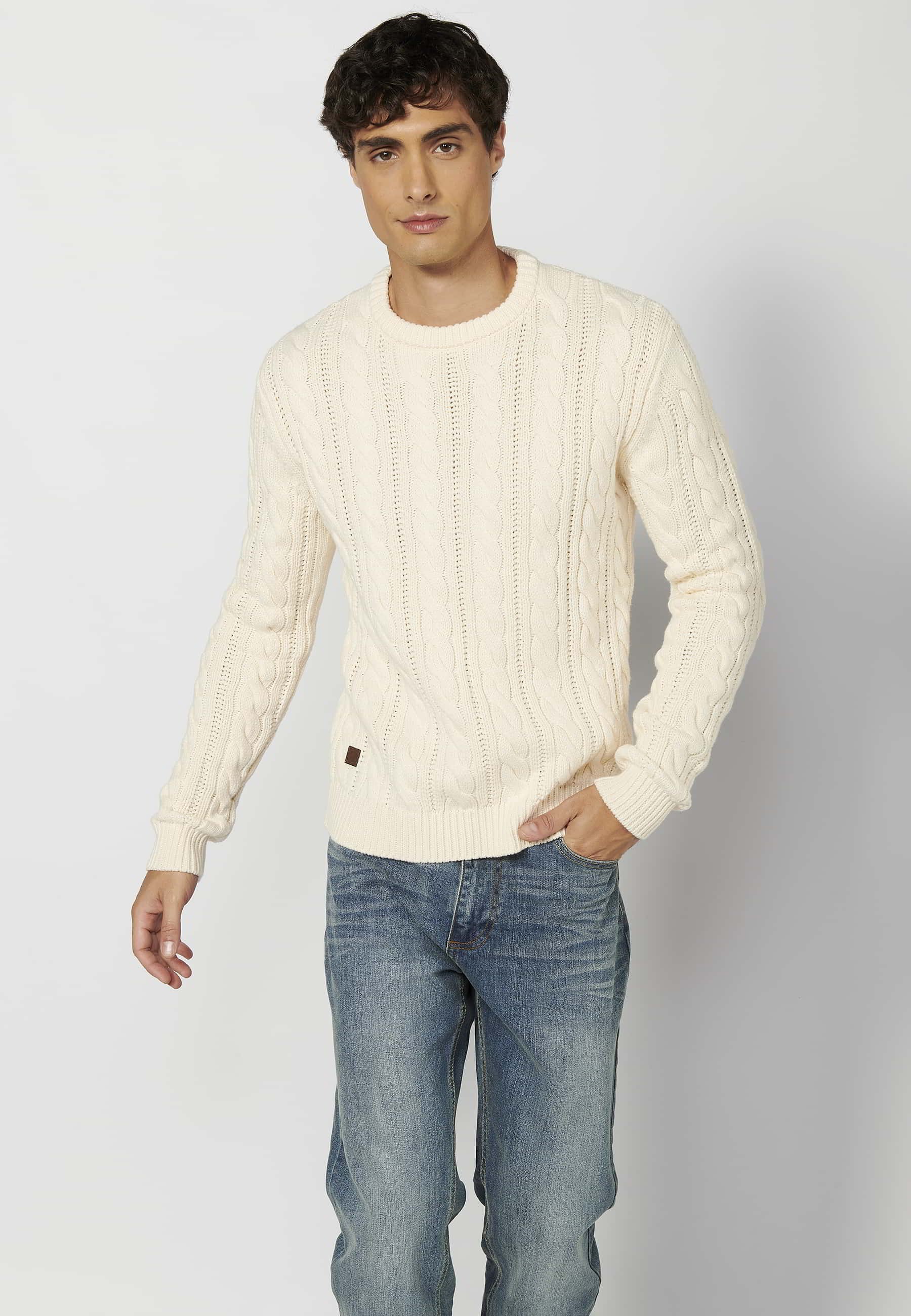 Pull col rond manches longues en tricot texturé crème pour homme