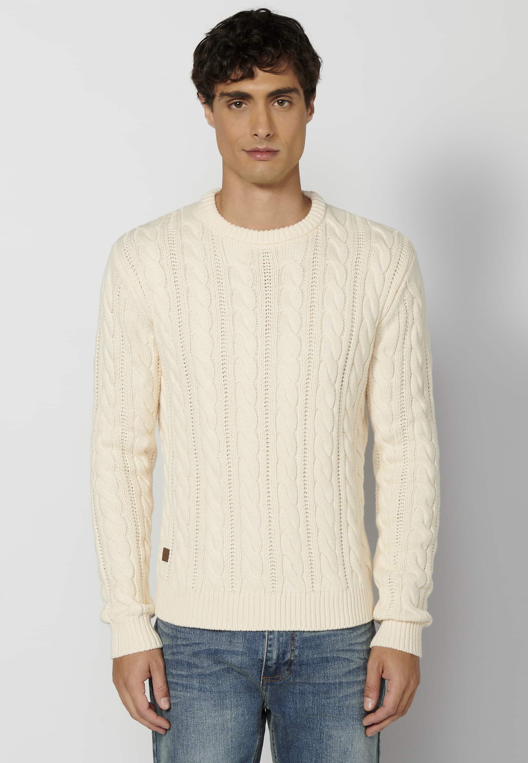 Pull col rond manches longues en tricot texturé crème pour homme