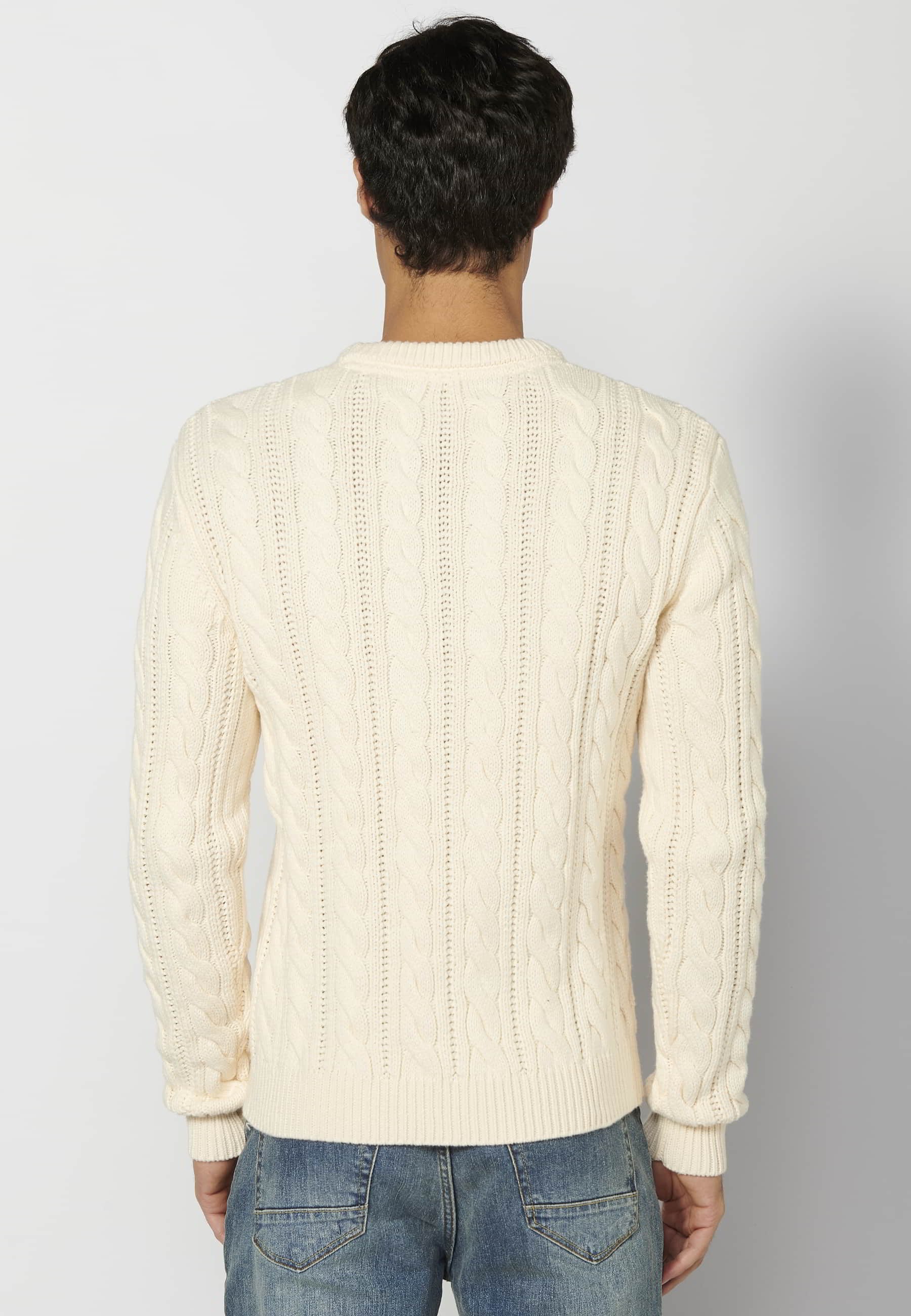 Pull col rond manches longues en tricot texturé crème pour homme