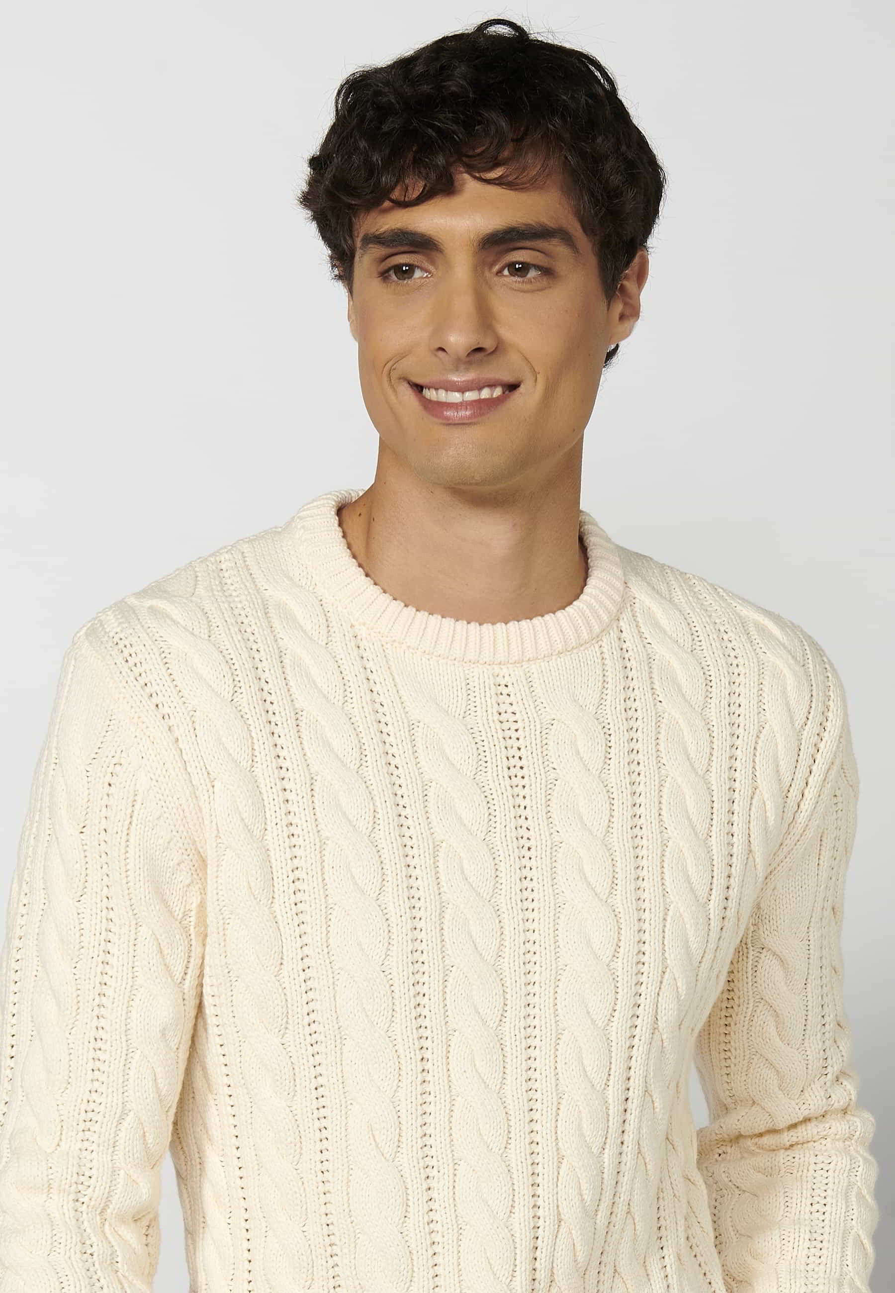 Pull col rond manches longues en tricot texturé crème pour homme