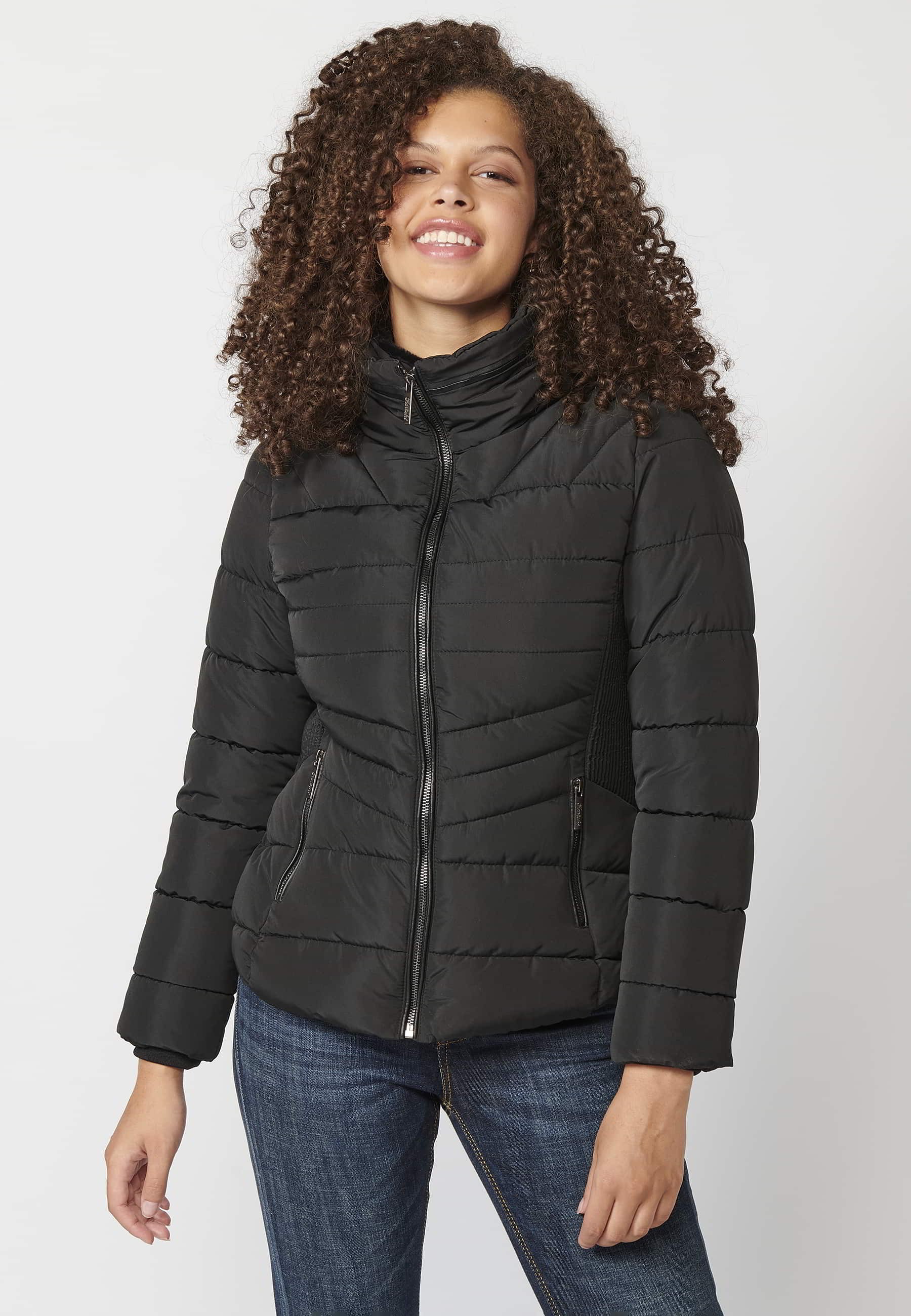 Black padded parka jacket with synthetic lining collar for Women