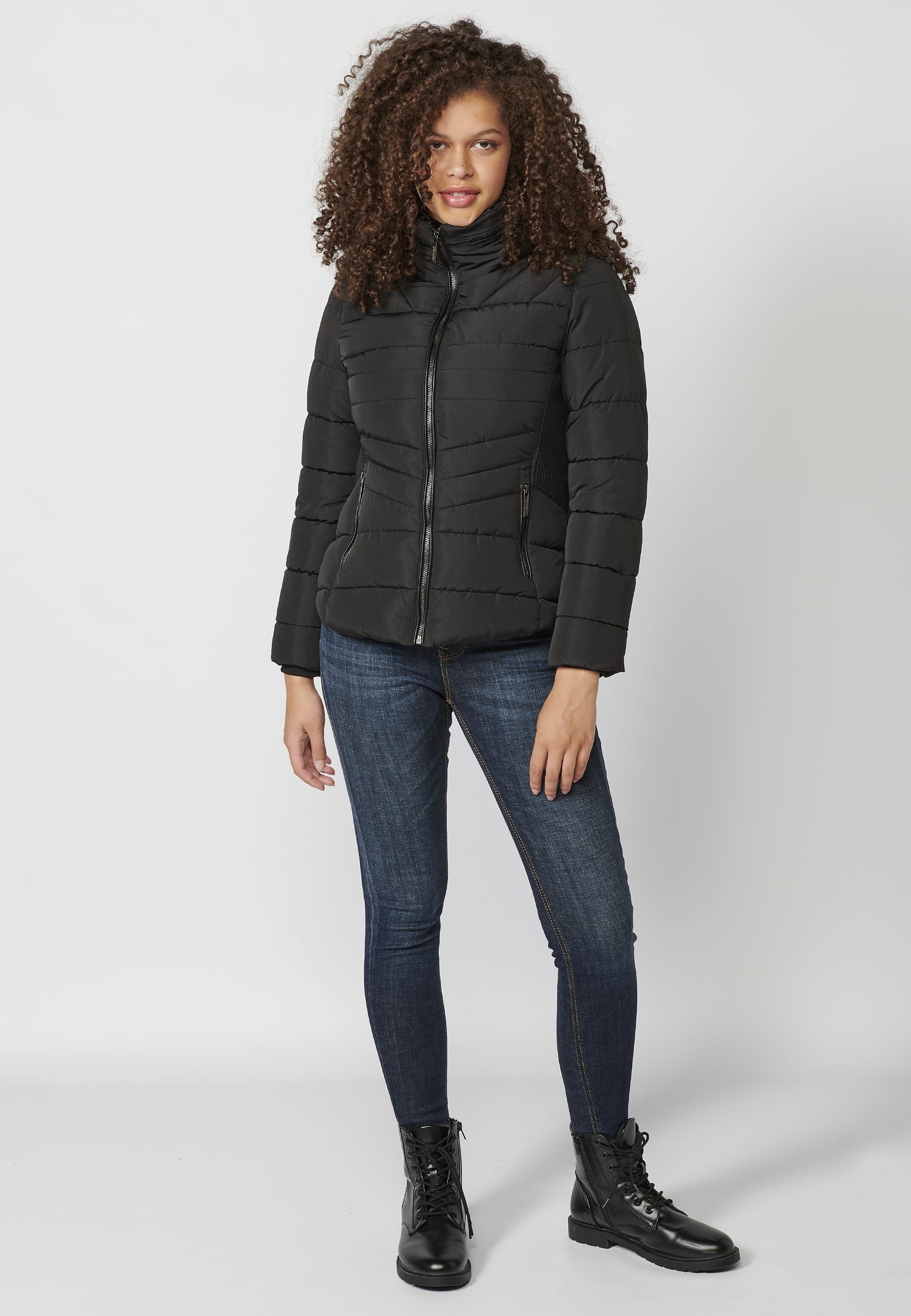 Parka matelassée noire col doublure synthétique pour Femme