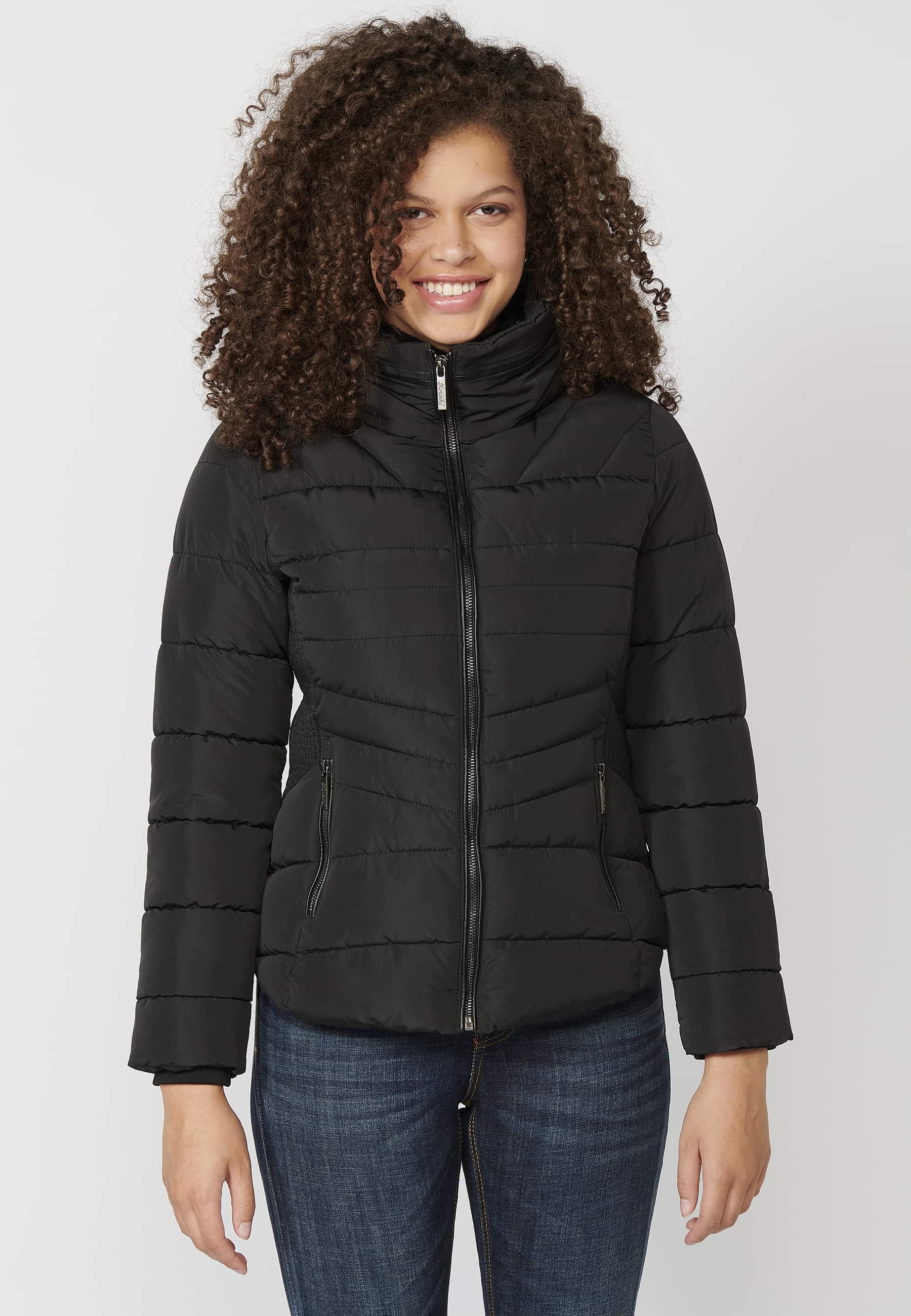 Black padded parka jacket with synthetic lining collar for Women