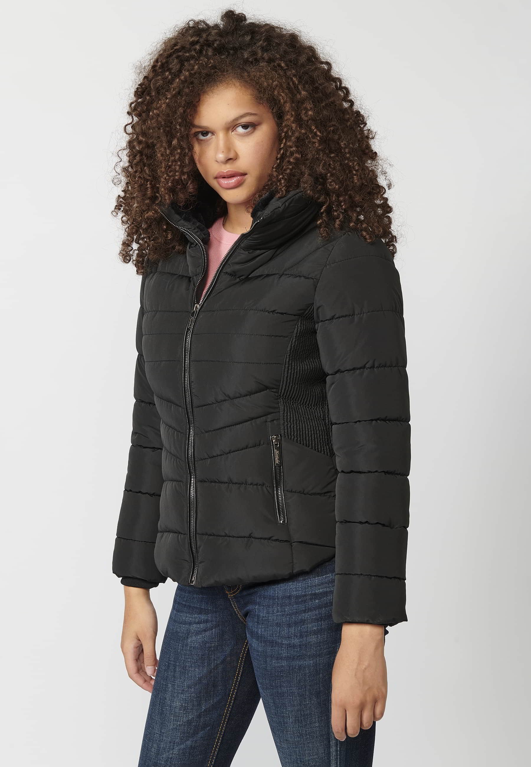 Black padded parka jacket with synthetic lining collar for Women