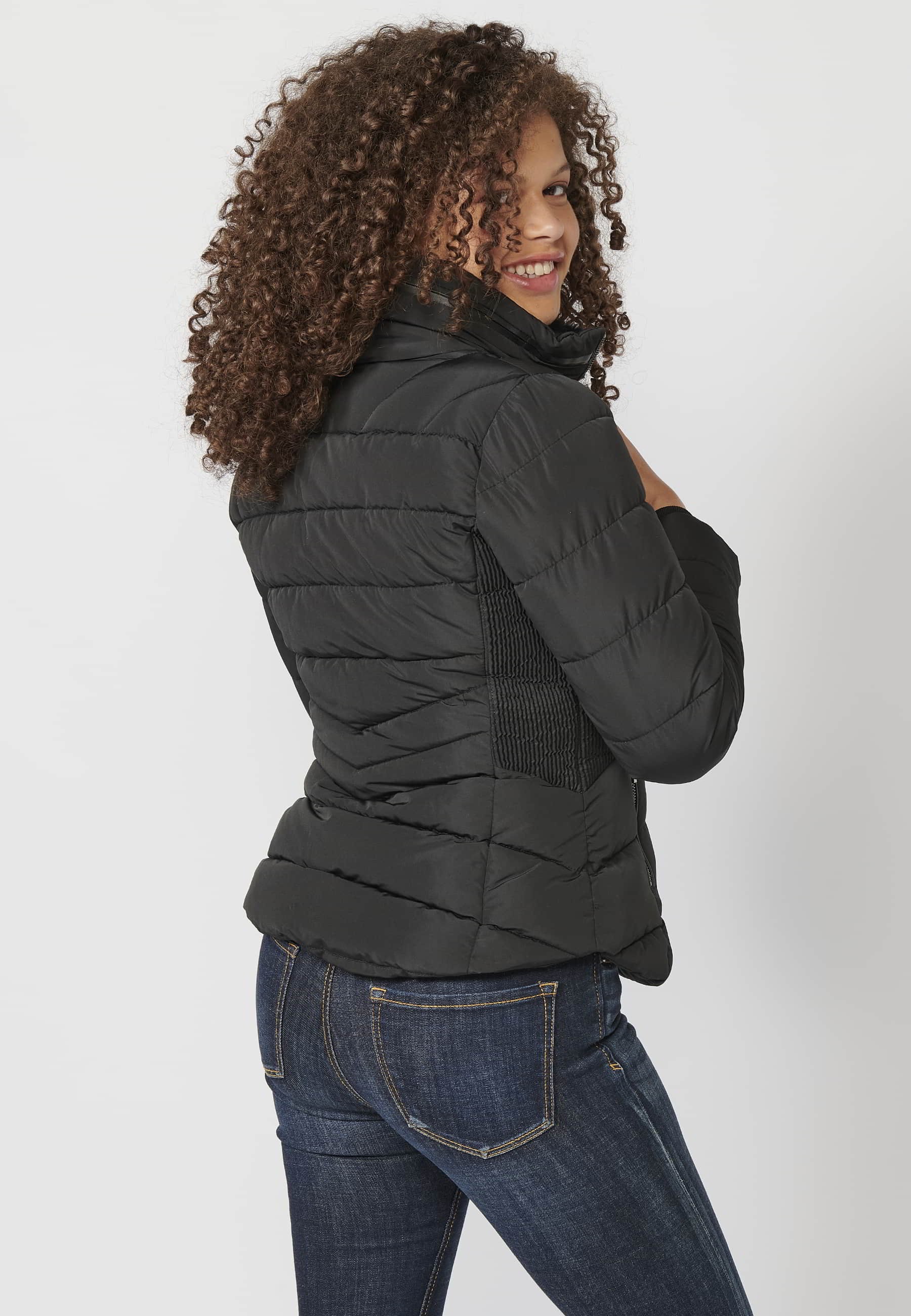 Black padded parka jacket with synthetic lining collar for Women