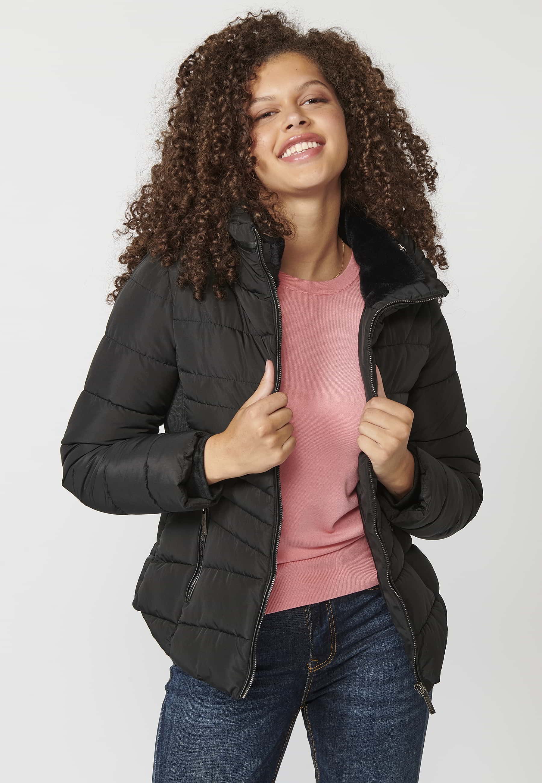 Black padded parka jacket with synthetic lining collar for Women