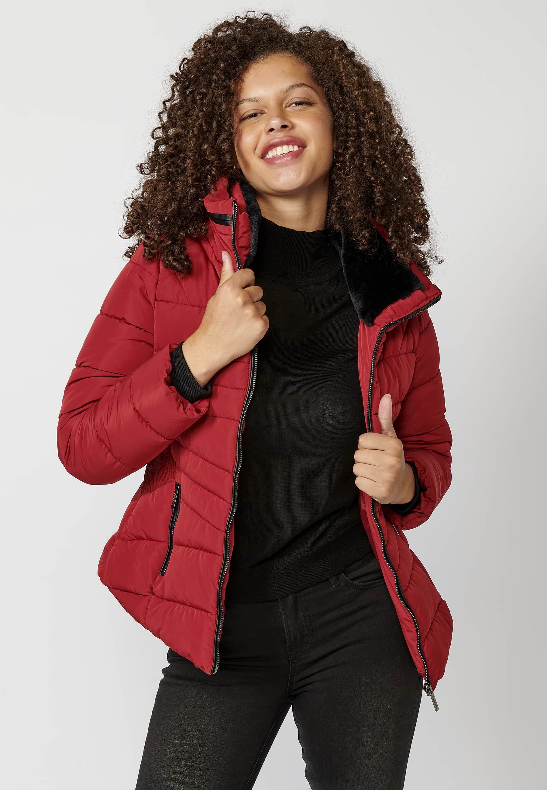 Red padded parka jacket with synthetic lining collar for Women