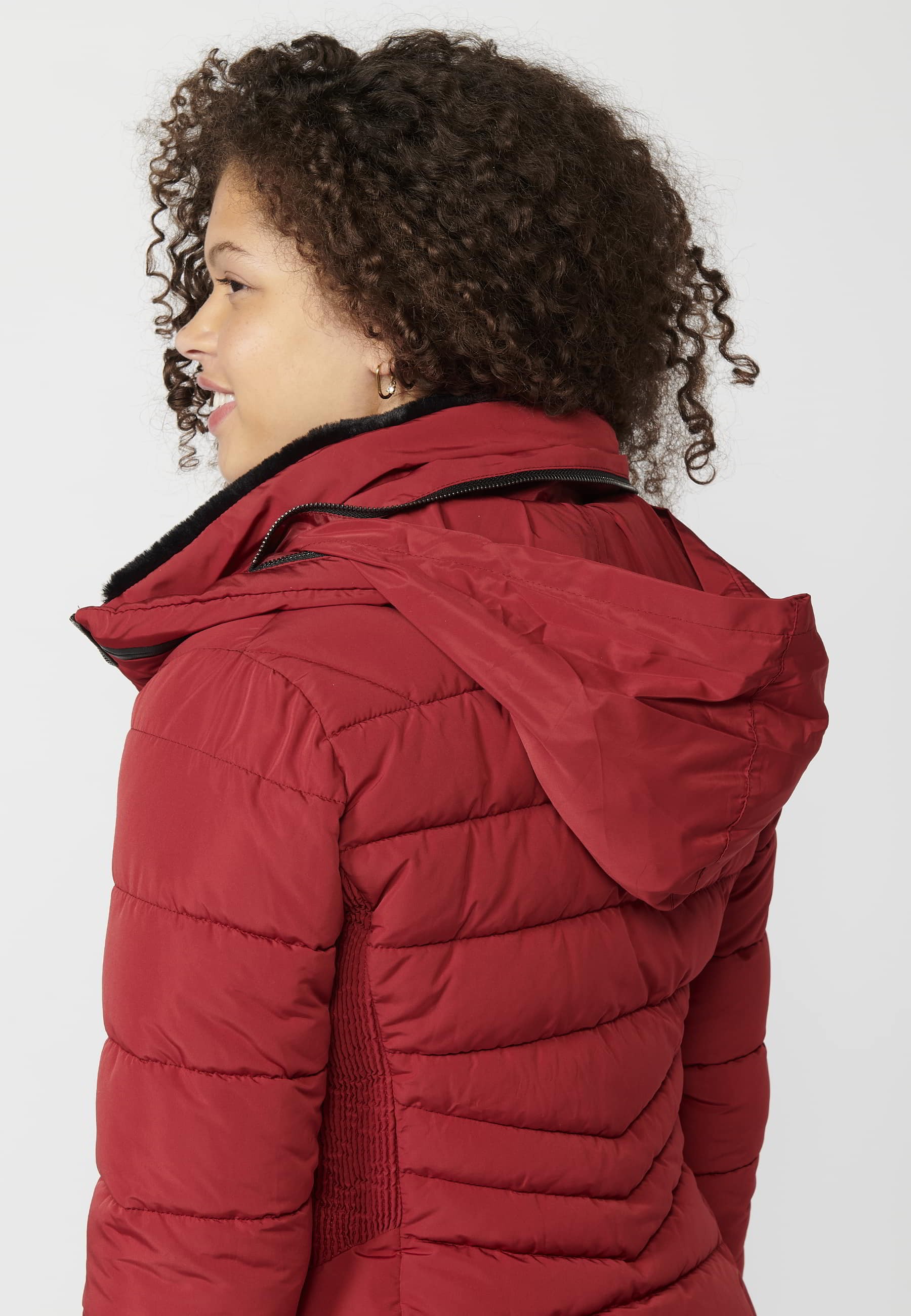 Red padded parka jacket with synthetic lining collar for Women