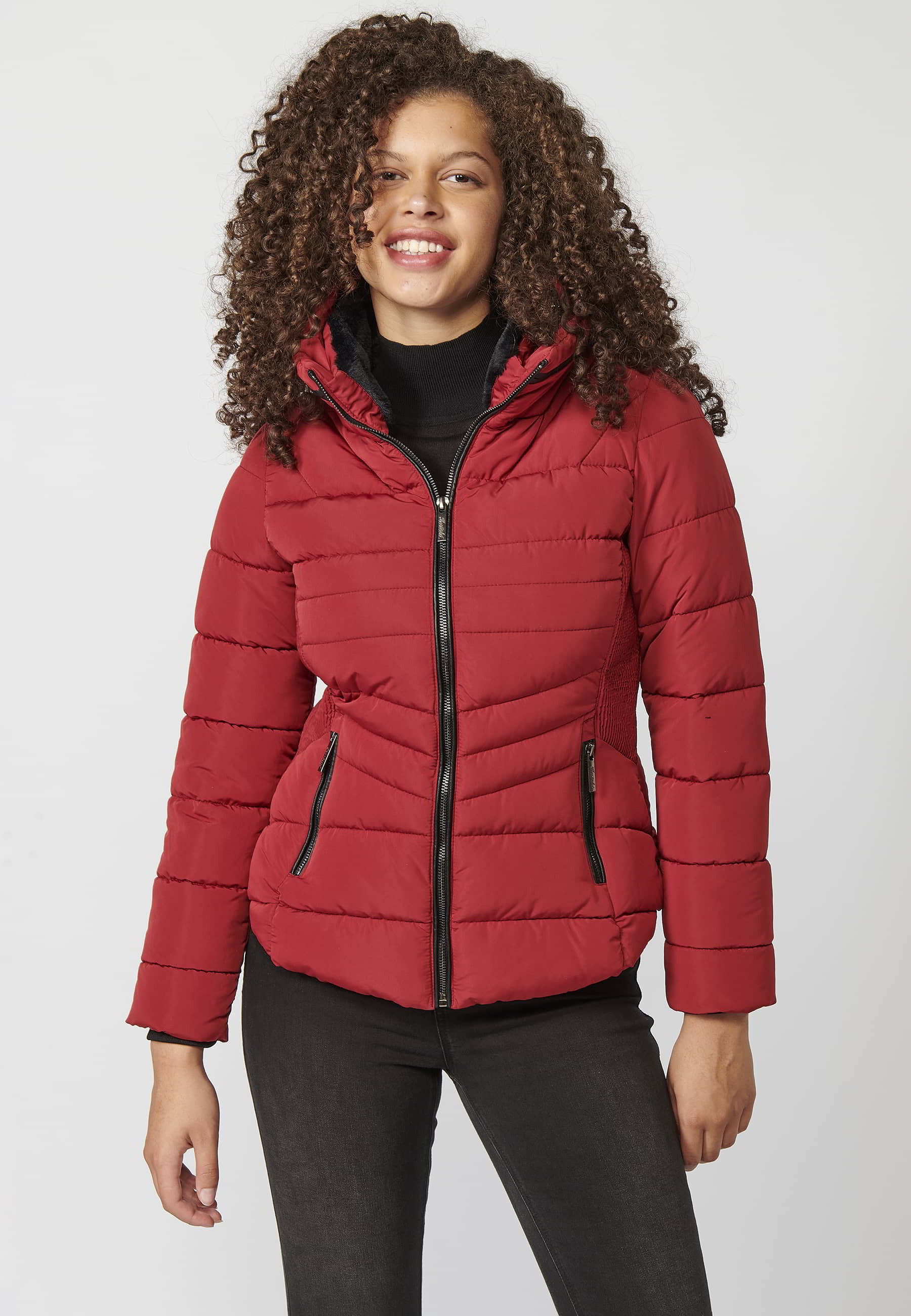 Red padded parka jacket with synthetic lining collar for Women