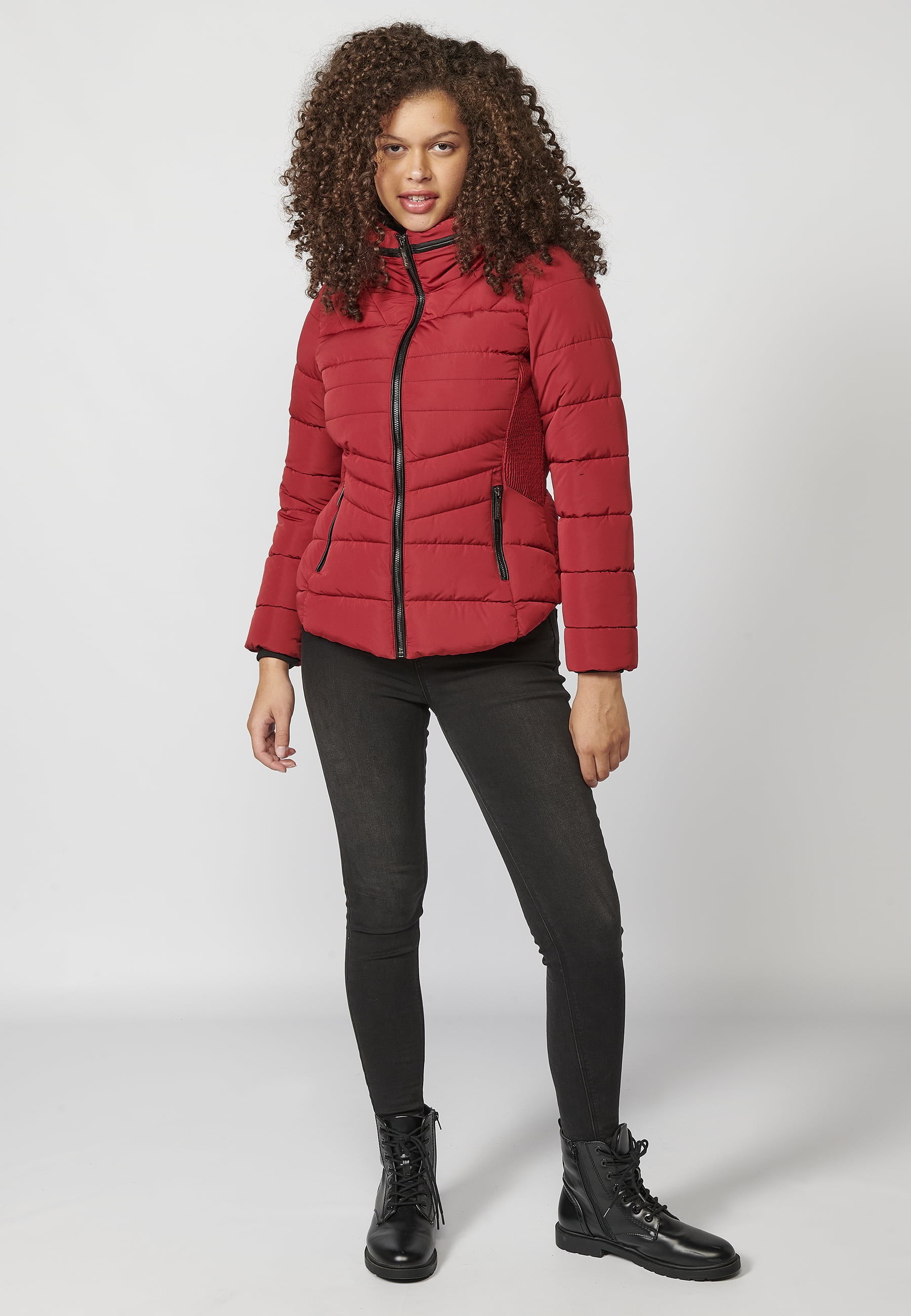 Red padded parka jacket with synthetic lining collar for Women