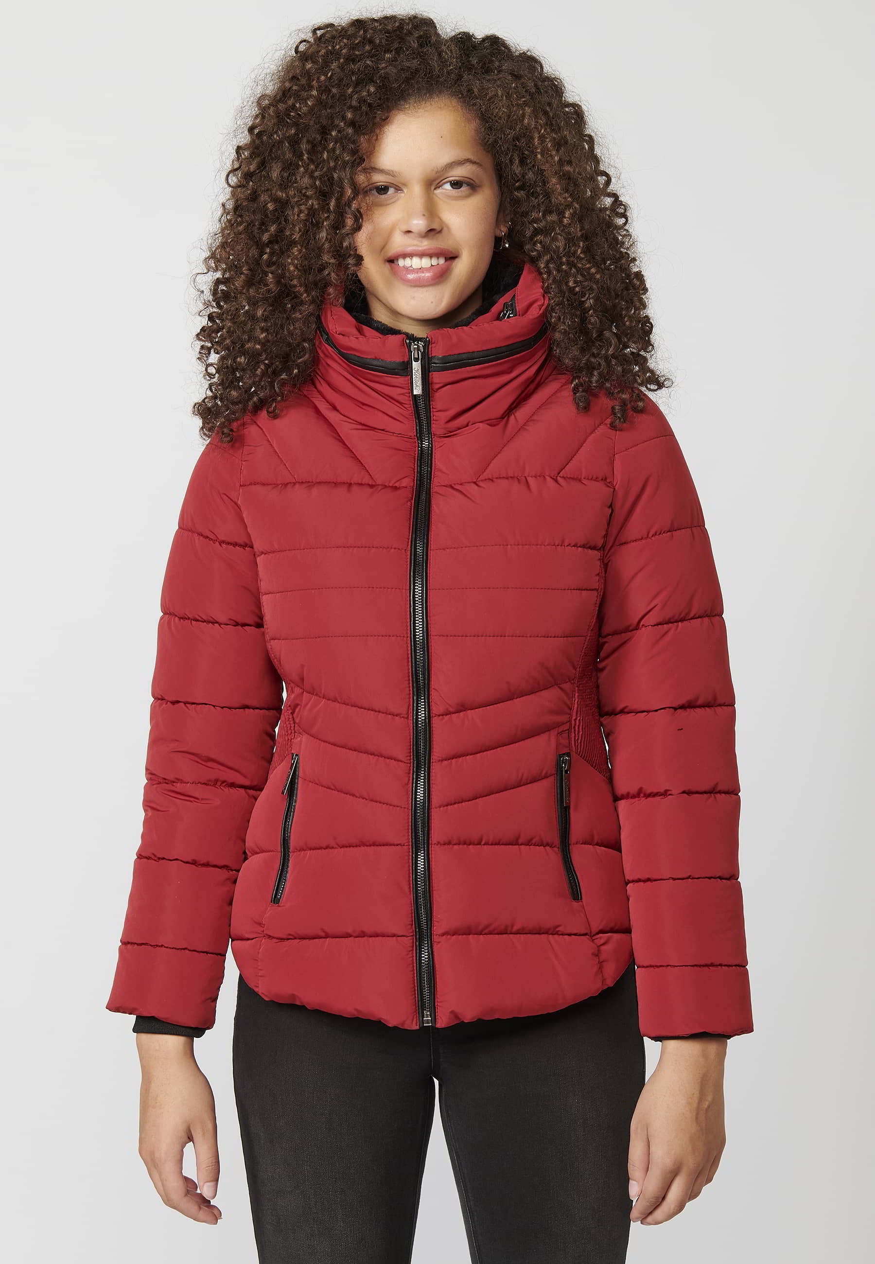 Red padded parka jacket with synthetic lining collar for Women