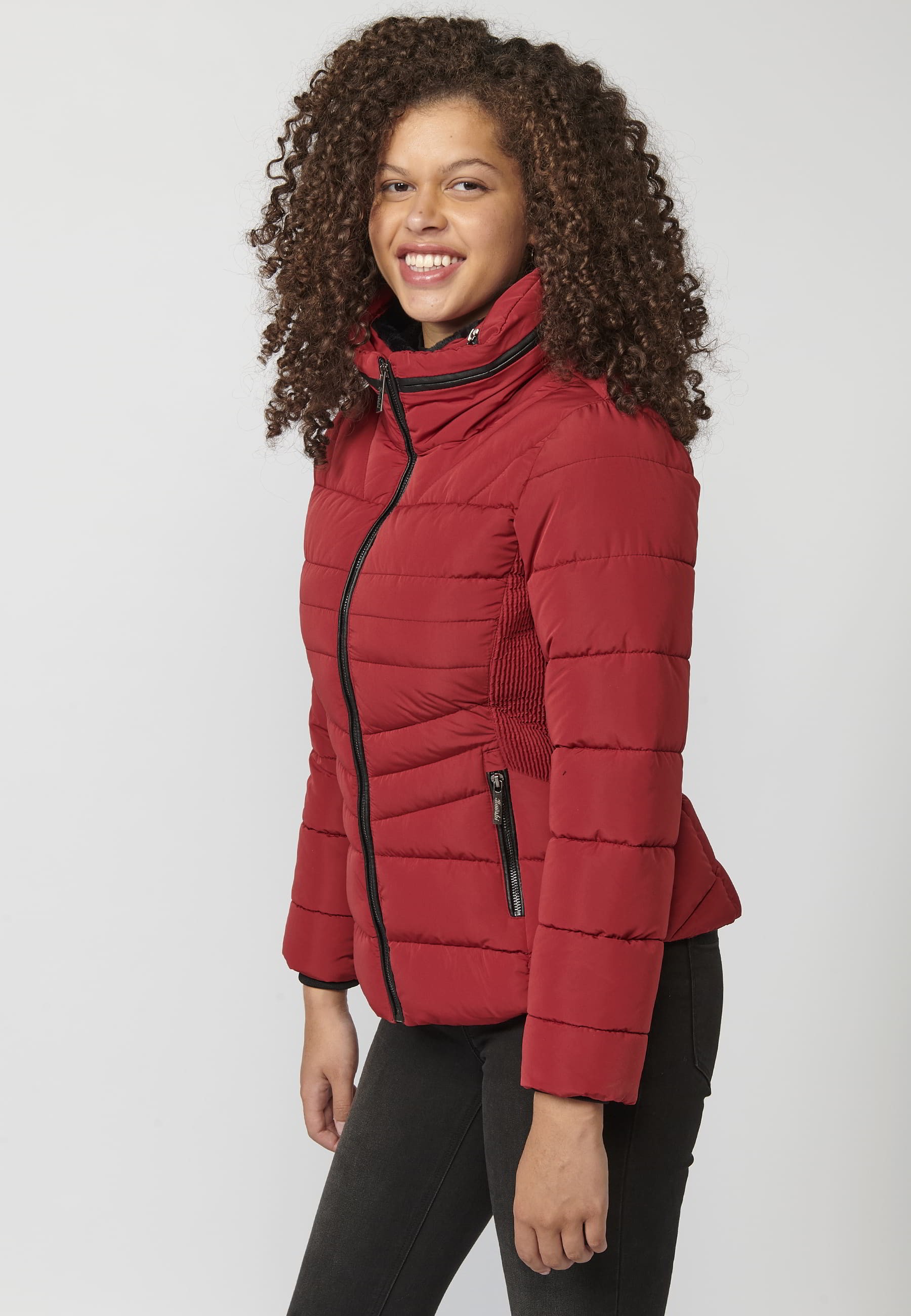 Red padded parka jacket with synthetic lining collar for Women