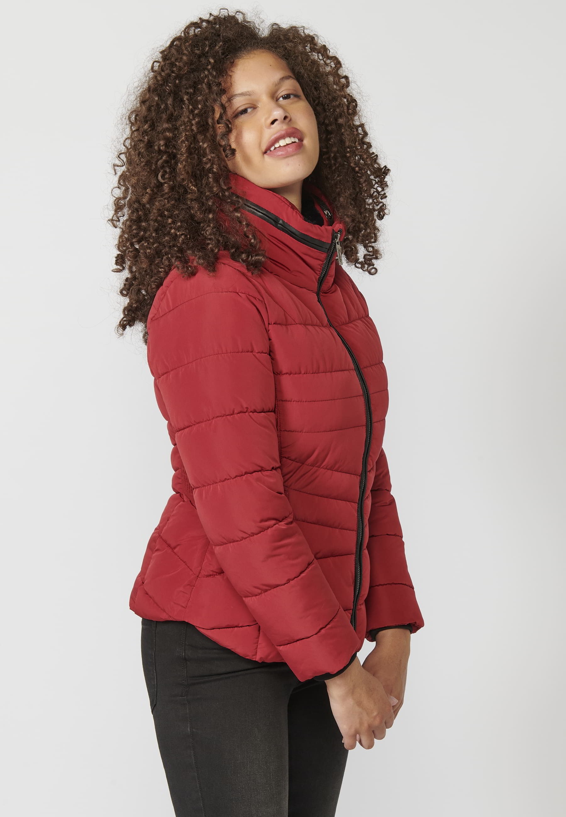 Red padded parka jacket with synthetic lining collar for Women