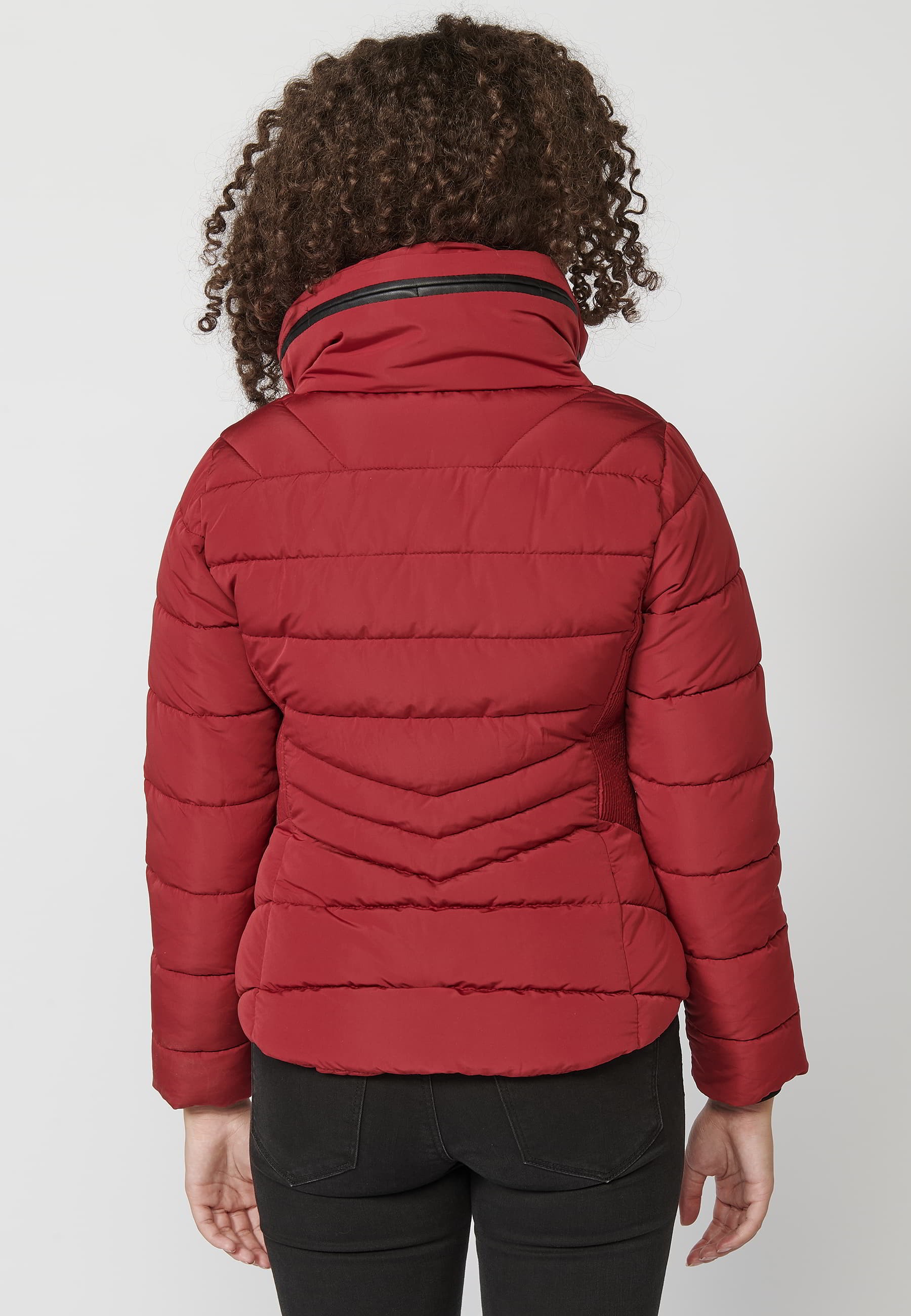 Red padded parka jacket with synthetic lining collar for Women