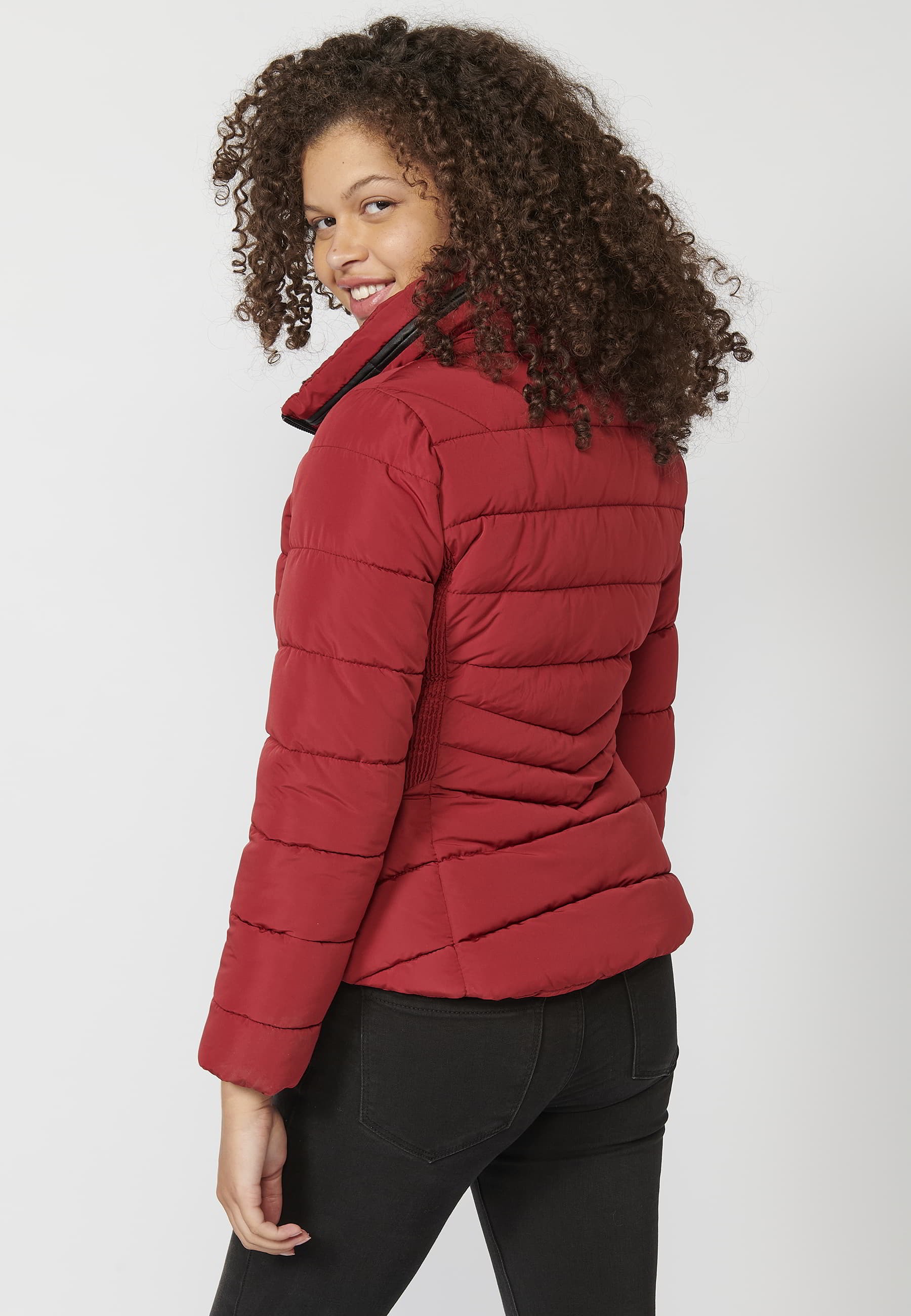 Red padded parka jacket with synthetic lining collar for Women