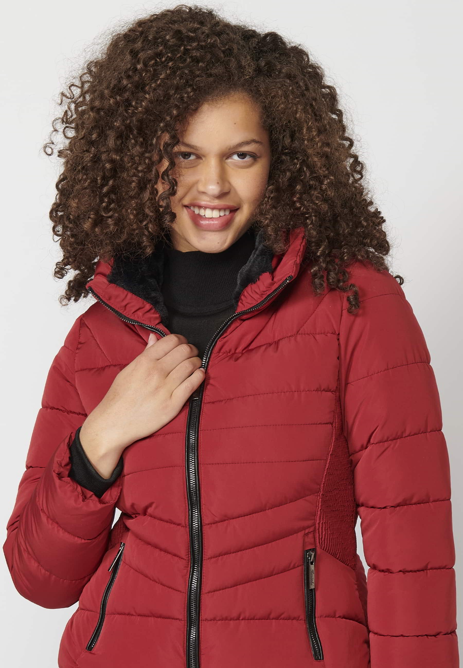 Red padded parka jacket with synthetic lining collar for Women