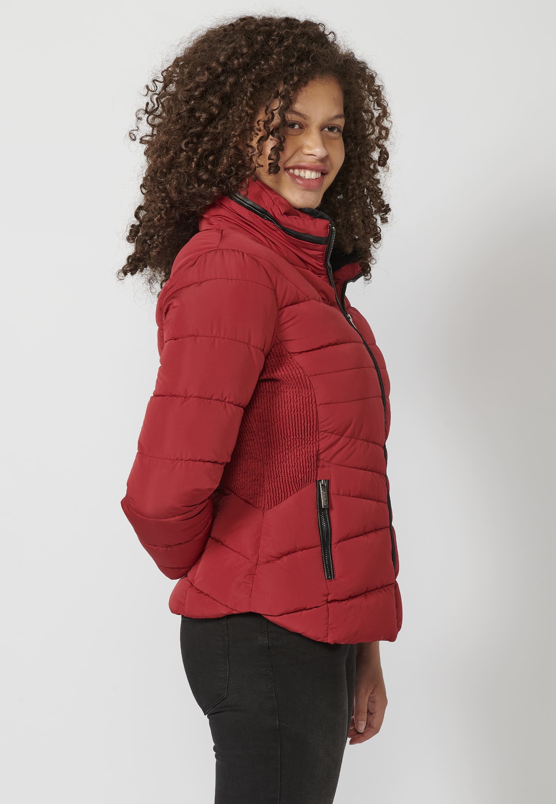 Red padded parka jacket with synthetic lining collar for Women