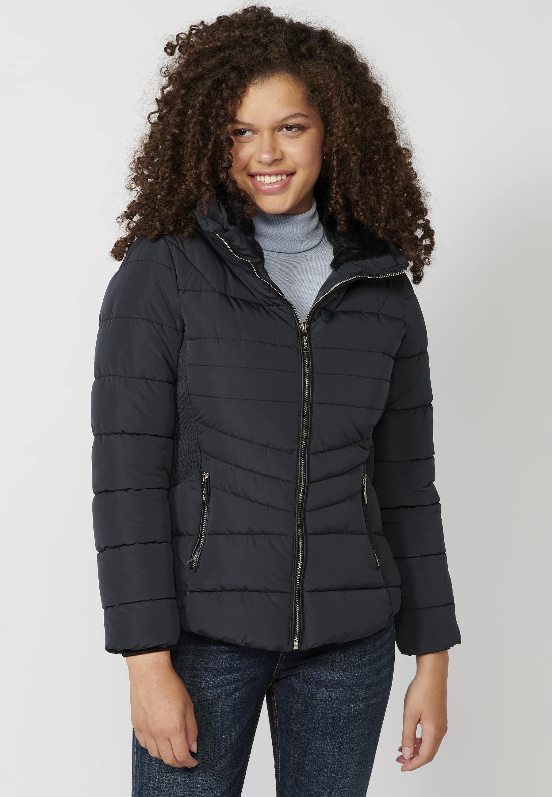 Padded parka jacket with synthetic lining collar in Navy for Women